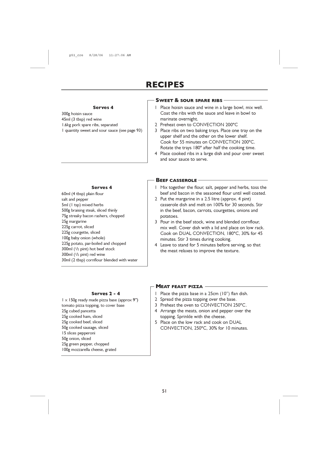 Sharp R-959M, R-98STM-A operation manual Sweet & Sour Spare Ribs, Beef Casserole, Meat Feast Pizza 