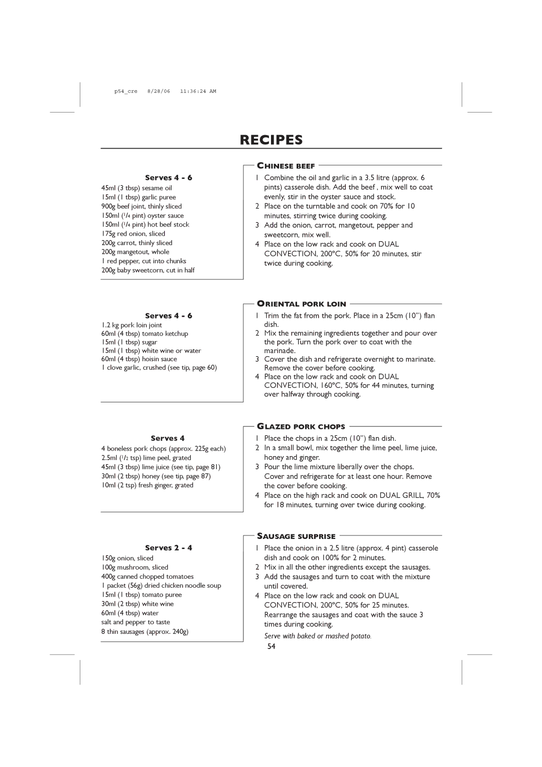 Sharp R-98STM-A Serve with baked or mashed potato, Chinese Beef, Oriental Pork Loin, Glazed Pork Chops, Sausage Surprise 