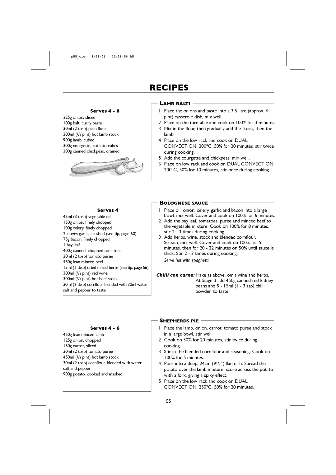 Sharp R-959M, R-98STM-A operation manual Serve hot with spaghetti, Lamb Balti, Bolognese Sauce, Shepherds PIE 