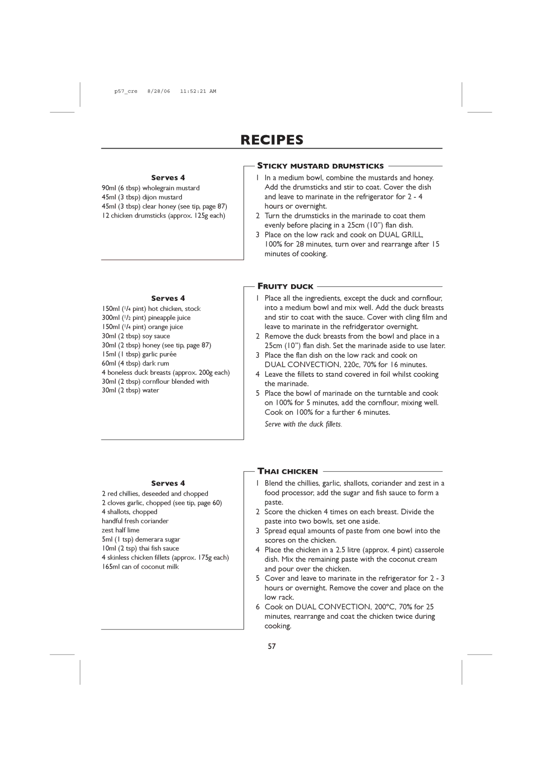 Sharp R-959M, R-98STM-A operation manual Serve with the duck fillets, Sticky Mustard Drumsticks, Fruity Duck, Thai Chicken 