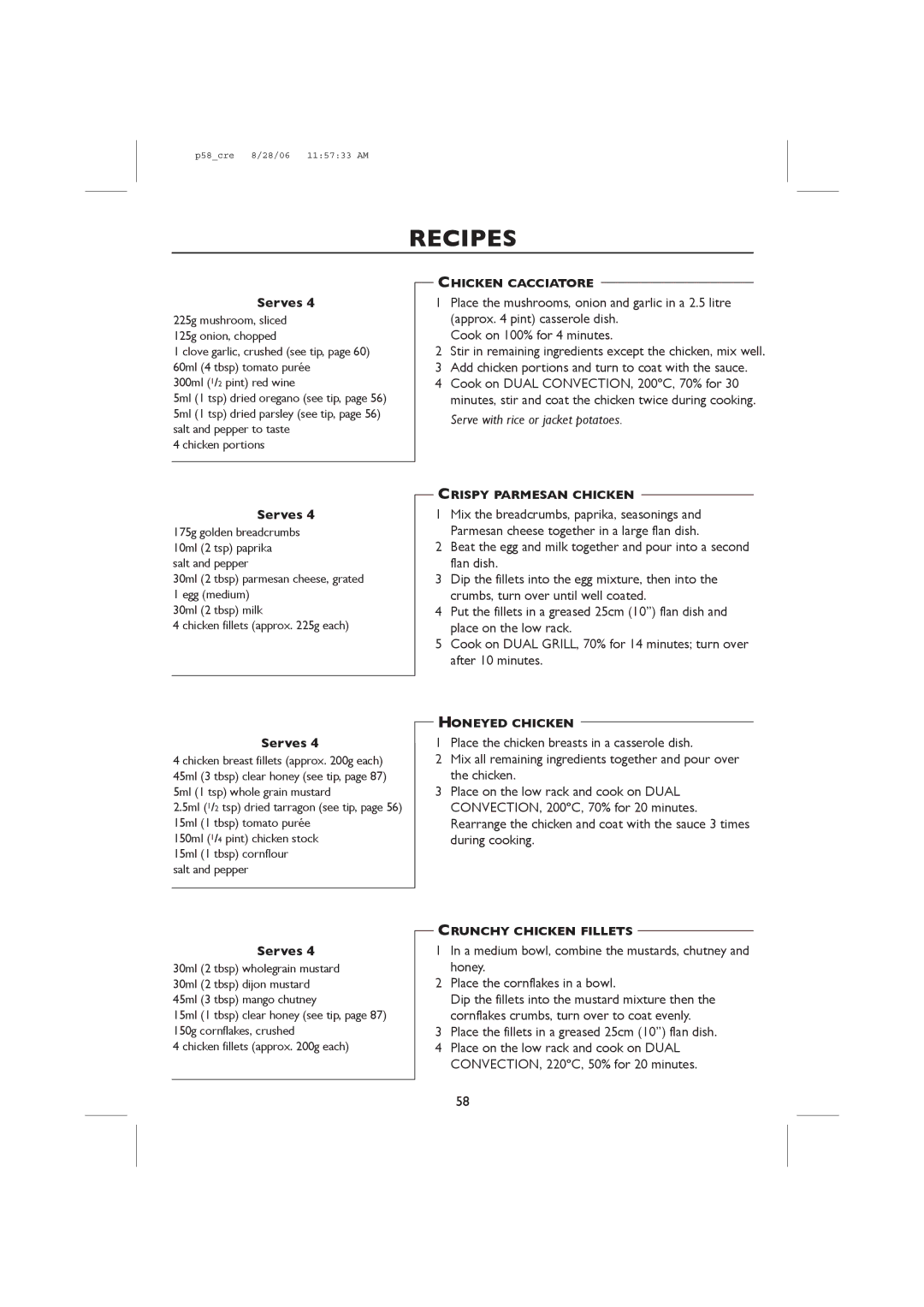 Sharp R-98STM-A, R-959M Place the fillets in a greased 25cm 10 flan dish, Chicken Cacciatore, Crispy Parmesan Chicken 