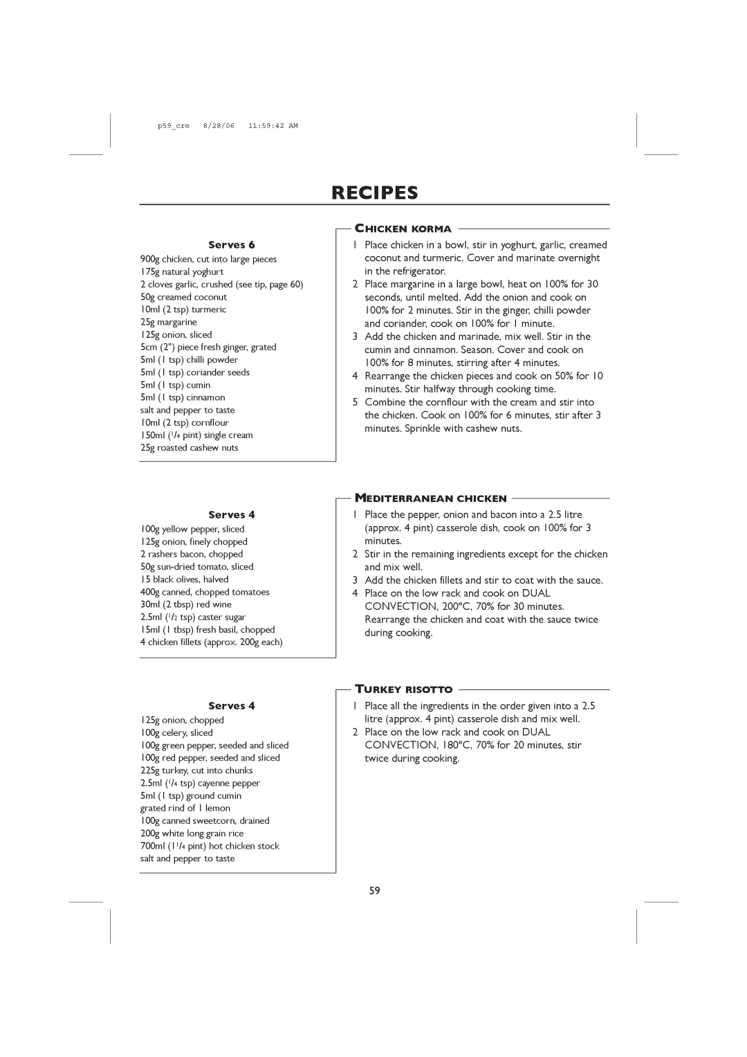 Sharp R-959M, R-98STM-A operation manual Chicken Korma, Mediterranean Chicken, Turkey Risotto 