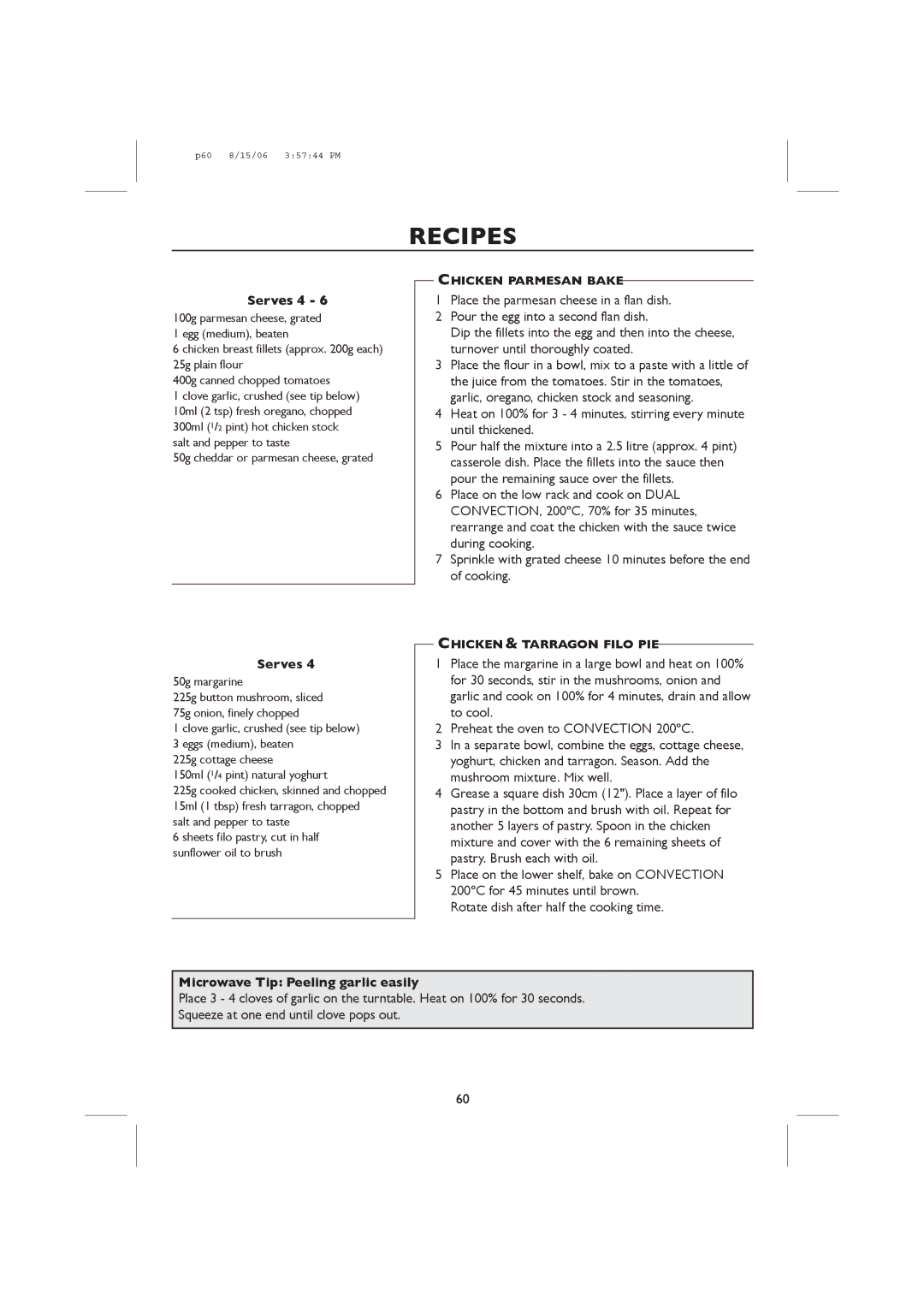 Sharp R-98STM-A Rotate dish after half the cooking time, Microwave Tip Peeling garlic easily, Chicken Parmesan Bake 