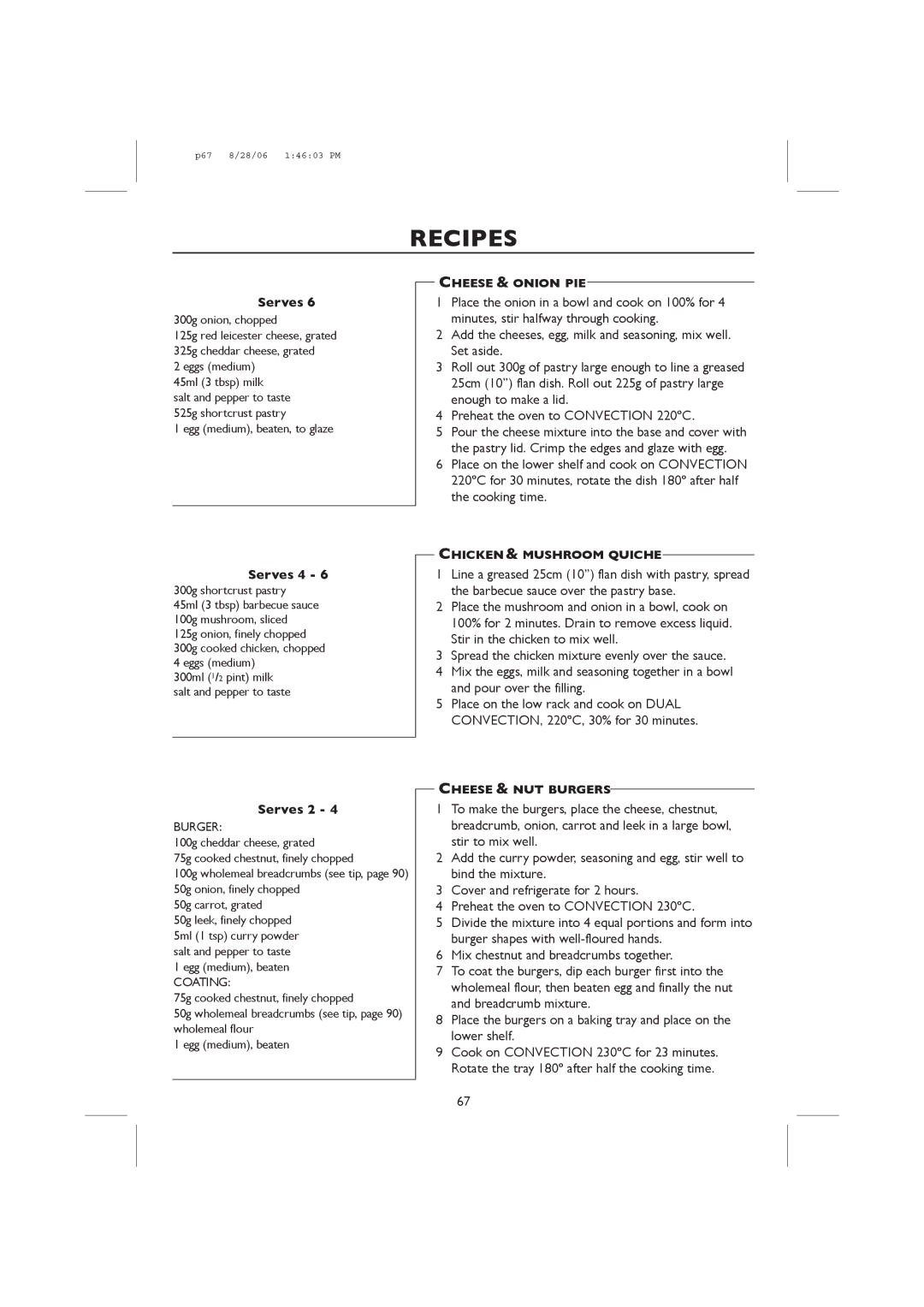 Sharp R-959M, R-98STM-A Serves 4, Serves 2, Cheese & Onion PIE, Chicken & Mushroom Quiche, Cheese & NUT Burgers 