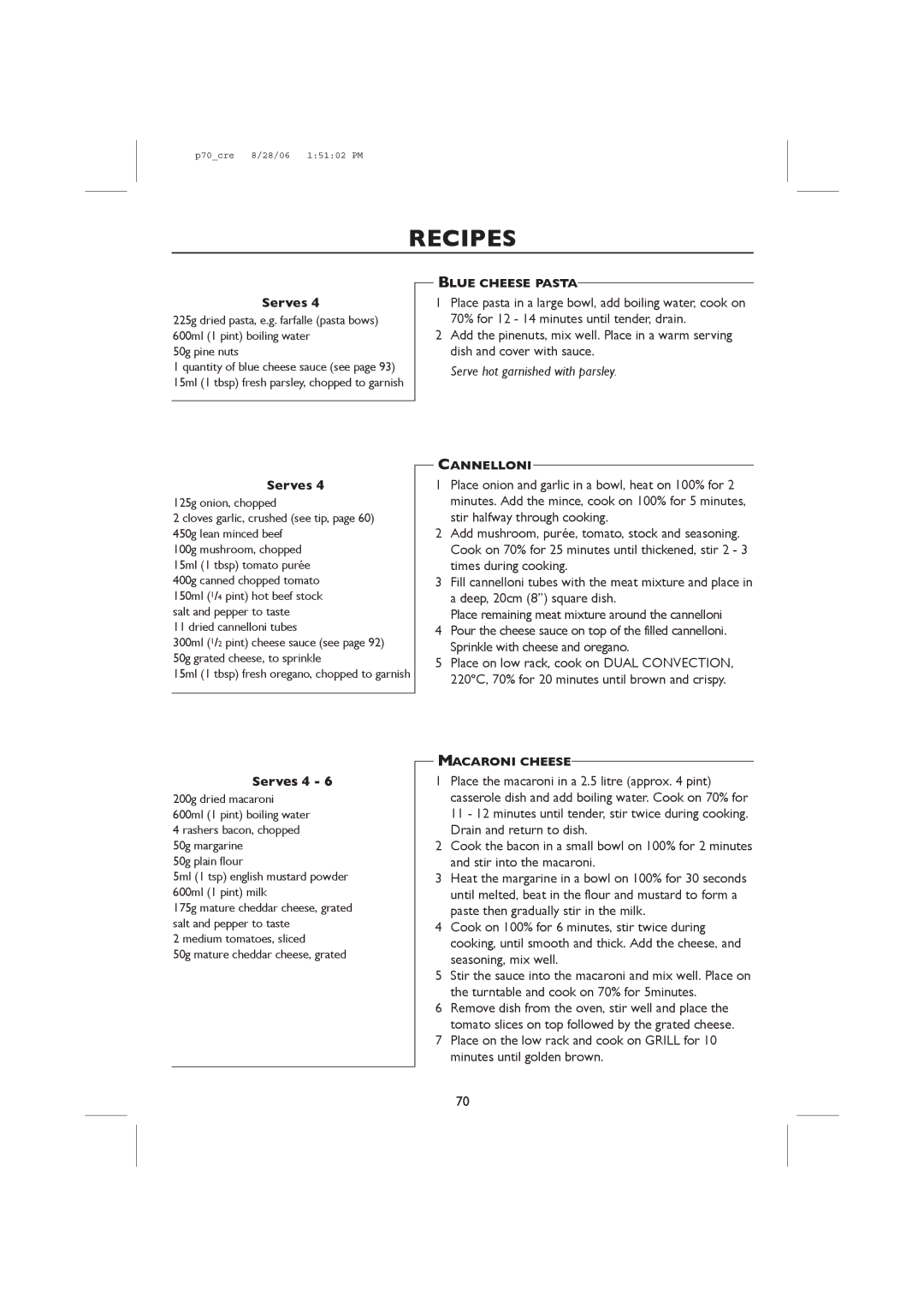 Sharp R-98STM-A, R-959M operation manual Serve hot garnished with parsley, Blue Cheese Pasta, Cannelloni, Macaroni Cheese 