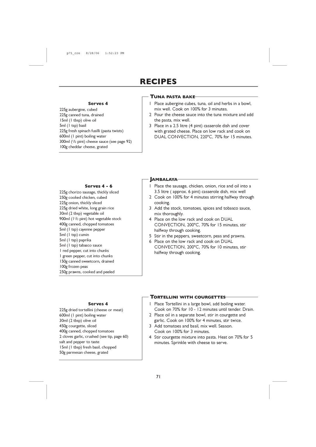 Sharp R-959M, R-98STM-A operation manual Tuna Pasta Bake, Jambalaya, Tortellini with Courgettes 