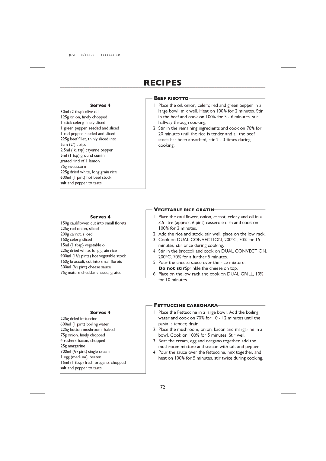 Sharp R-98STM-A, R-959M operation manual Beef Risotto, Vegetable Rice Gratin, Fettuccine Carbonara 