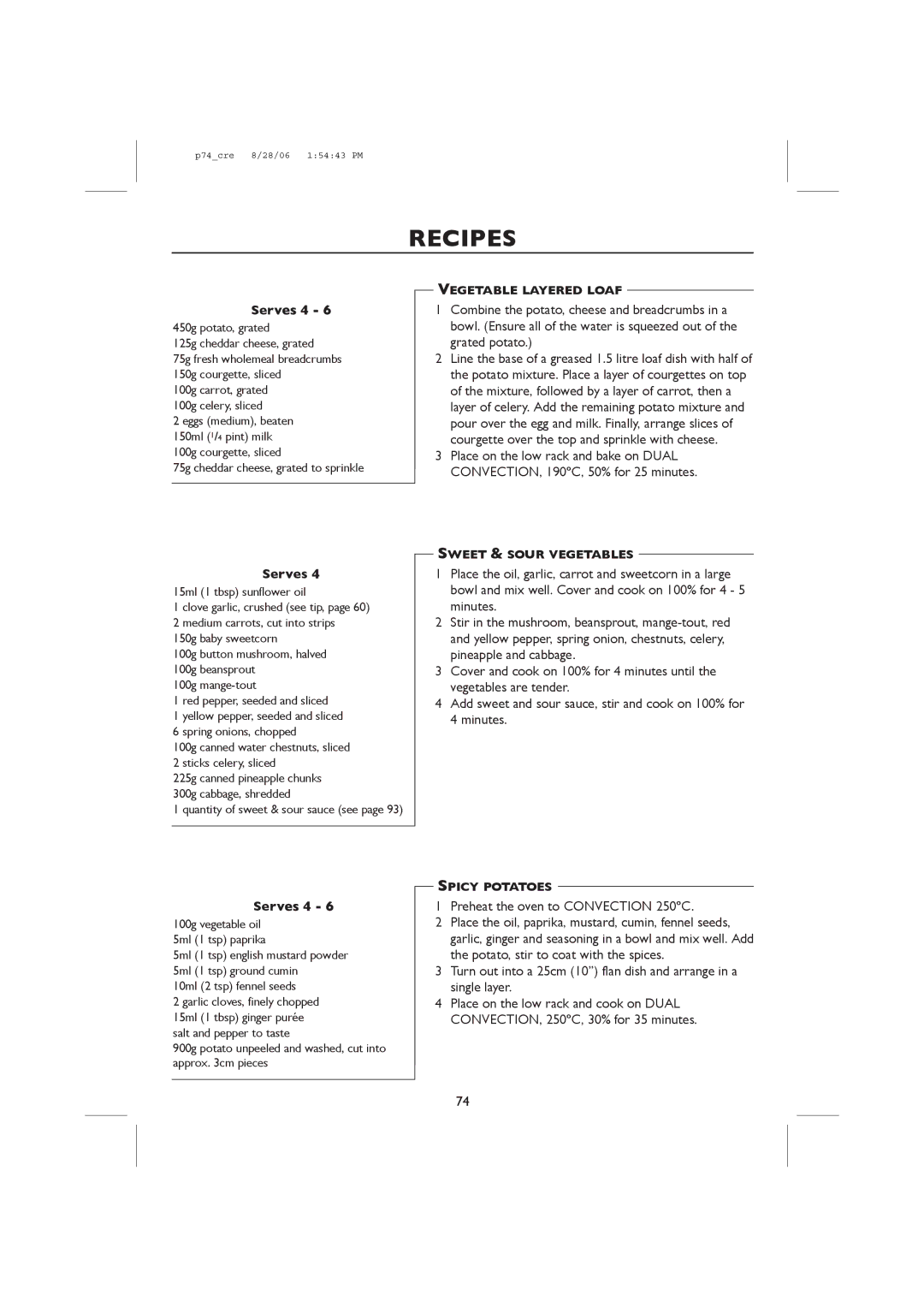 Sharp R-98STM-A, R-959M operation manual Vegetable Layered Loaf, Sweet & Sour Vegetables, Spicy Potatoes 