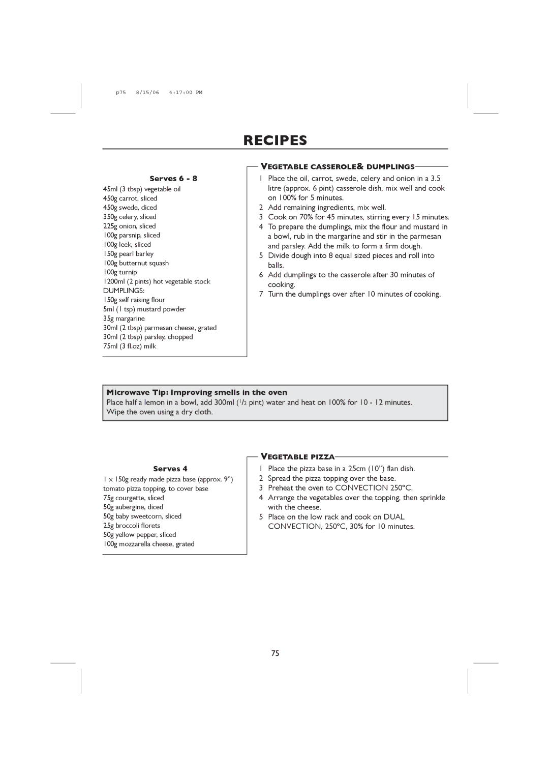 Sharp R-959M, R-98STM-A Microwave Tip Improving smells in the oven, Vegetable CASSEROLE& Dumplings, Vegetable Pizza 