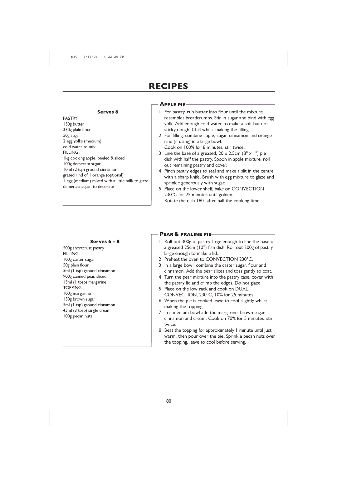 Sharp R-98STM-A, R-959M operation manual Apple PIE, Pear & Praline PIE 