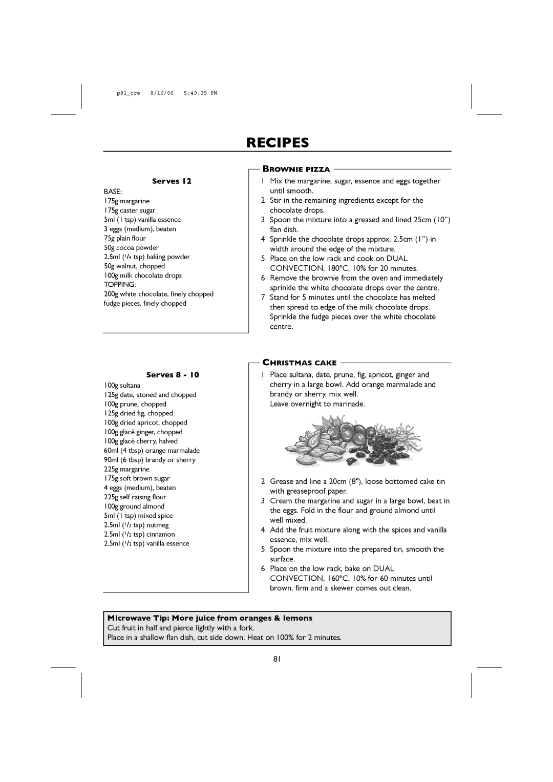 Sharp R-959M, R-98STM-A operation manual Brownie Pizza, Christmas Cake 