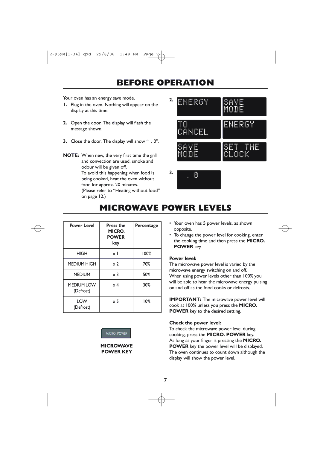 Sharp R-959M, R-98STM-A operation manual Before Operation, Microwave Power Levels, Microwave Power KEY 