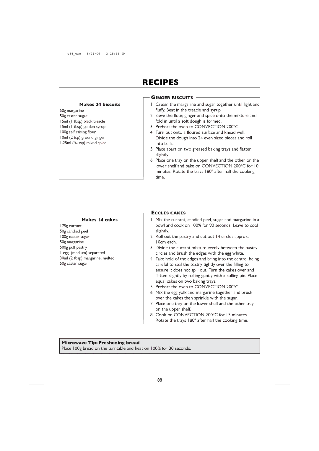 Sharp R-98STM-A, R-959M operation manual Mak kes, Microwave Tip Freshening bread, Ginger Biscuits, Eccles Cakes 