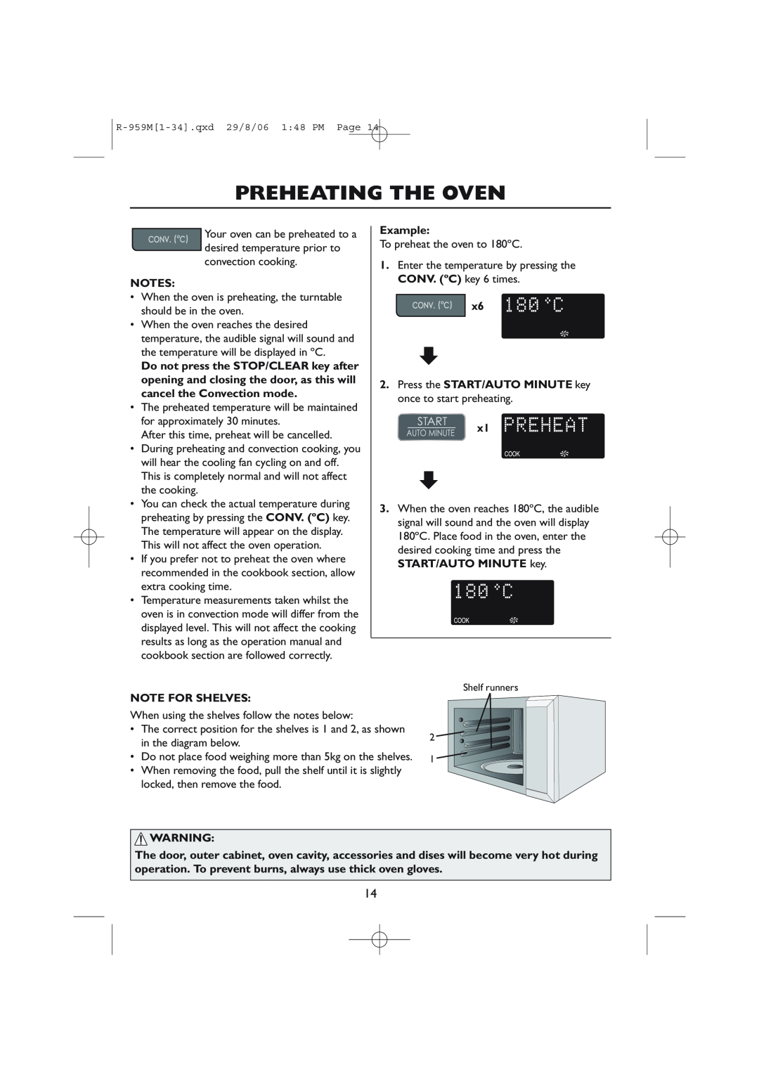 Sharp R-98STM-A Preheating The Oven, x6 2. Press the START/AUTO MINUTE key once to start preheating x1, Note For Shelves 