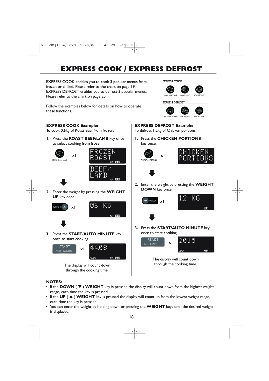 Sharp R-98STM-A, R-959M operation manual Express Cook / Express Defrost, EXPRESS COOK Example, EXPRESS DEFROST Example 
