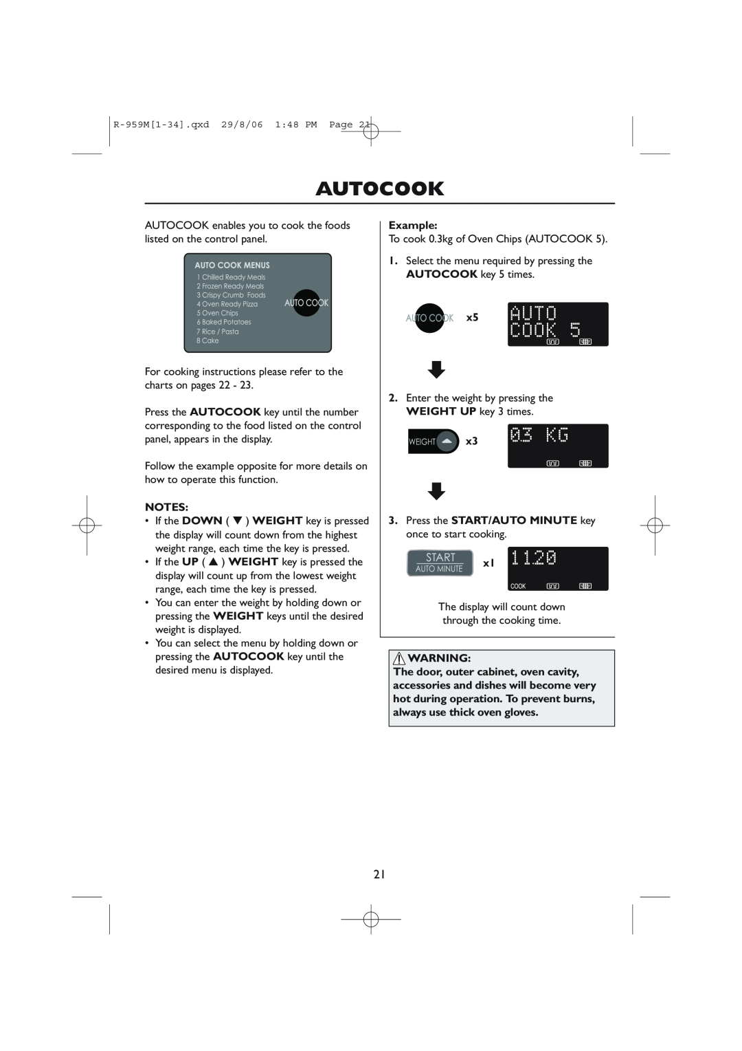 Sharp R-959M, R-98STM-A operation manual Autocook, x3 3. Press the START/AUTO MINUTE key once to start cooking x1, Example 