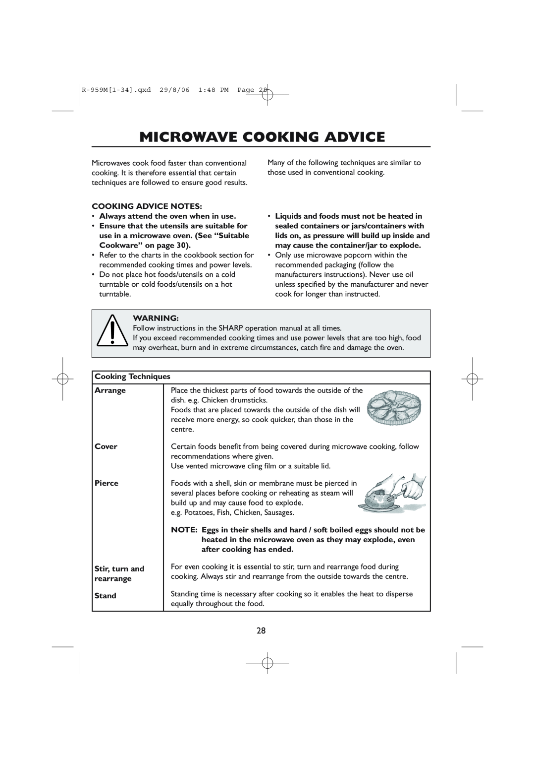 Sharp R-98STM-A Microwave Cooking Advice, COOKING ADVICE NOTES Always attend the oven when in use, Cooking Techniques 