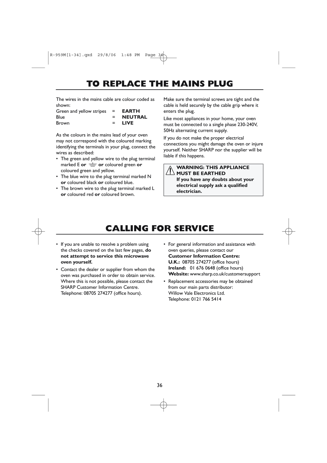 Sharp R-98STM-A, R-959M operation manual To Replace The Mains Plug, Calling For Service, Earth, Neutral, Live 