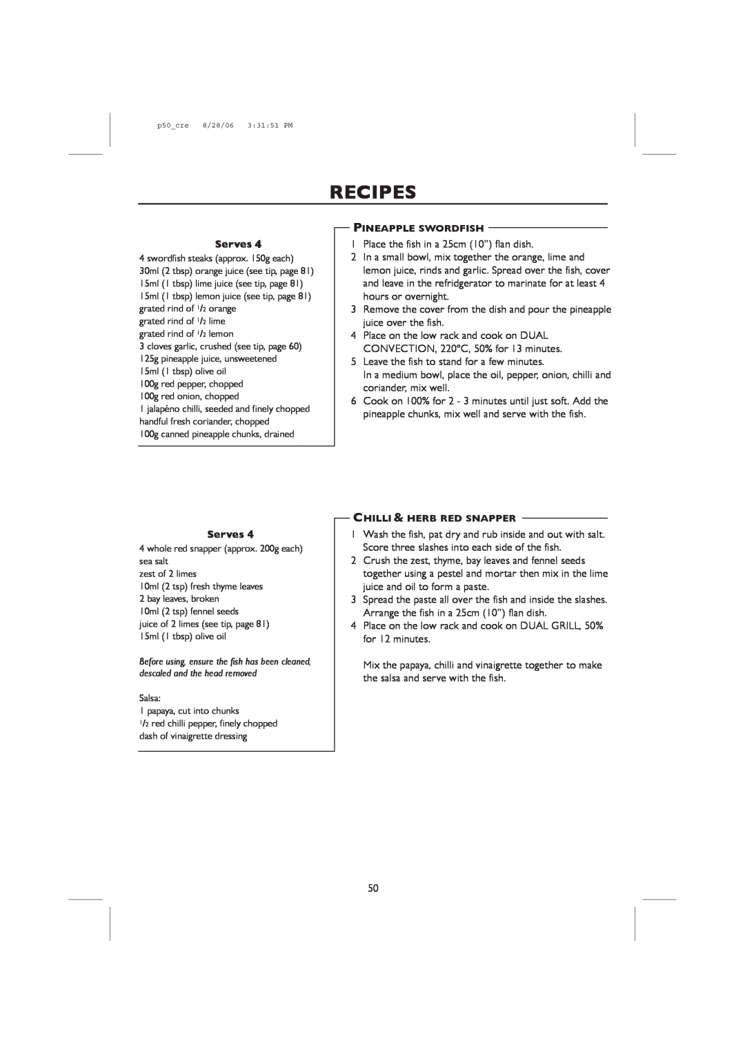 Sharp R-98STM-A, R-959M operation manual Recipes, Serves, Place the fish in a 25cm 10” flan dish 
