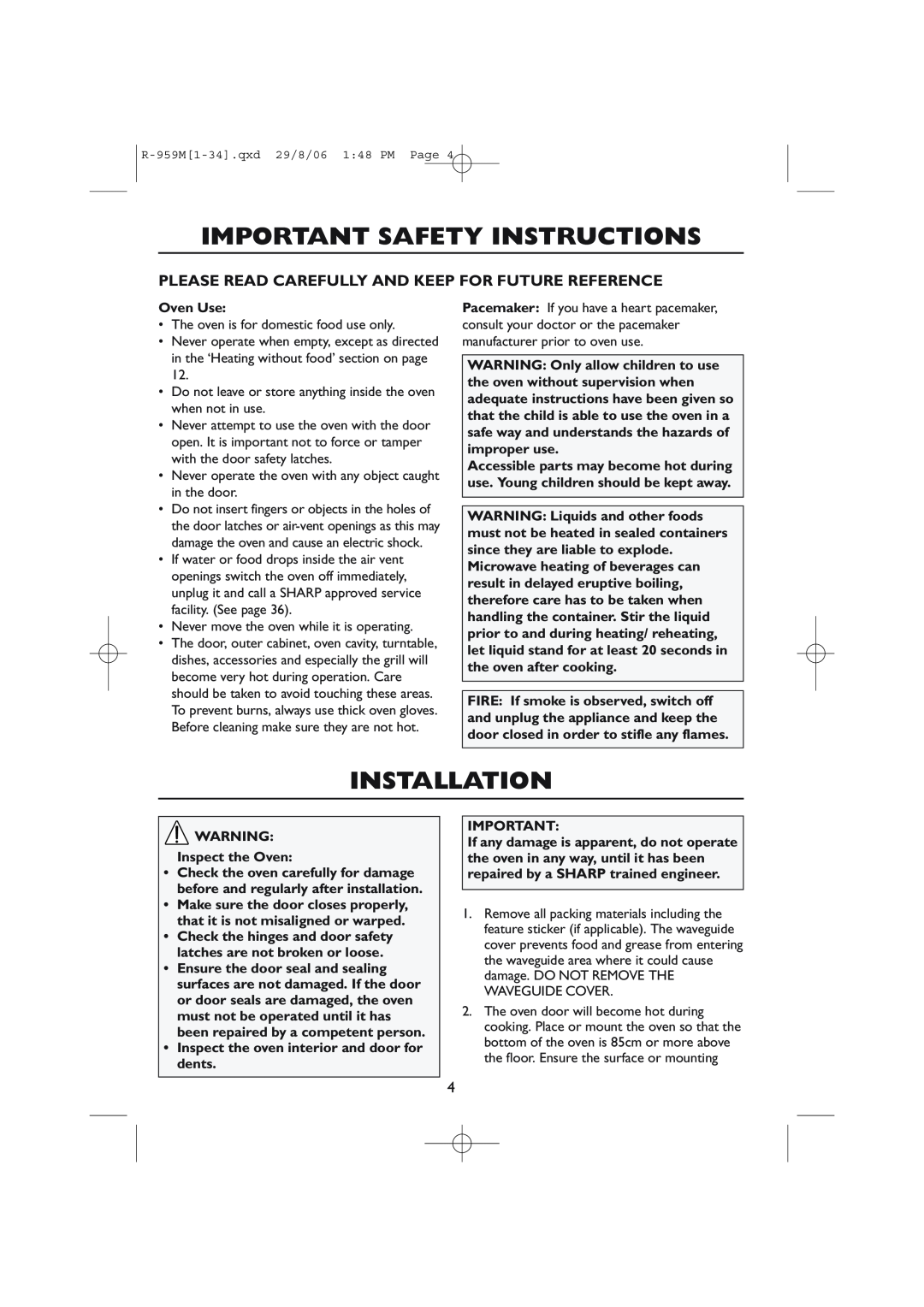 Sharp R-98STM-A Important Safety Instructions, Installation, Please Read Carefully And Keep For Future Reference, Oven Use 