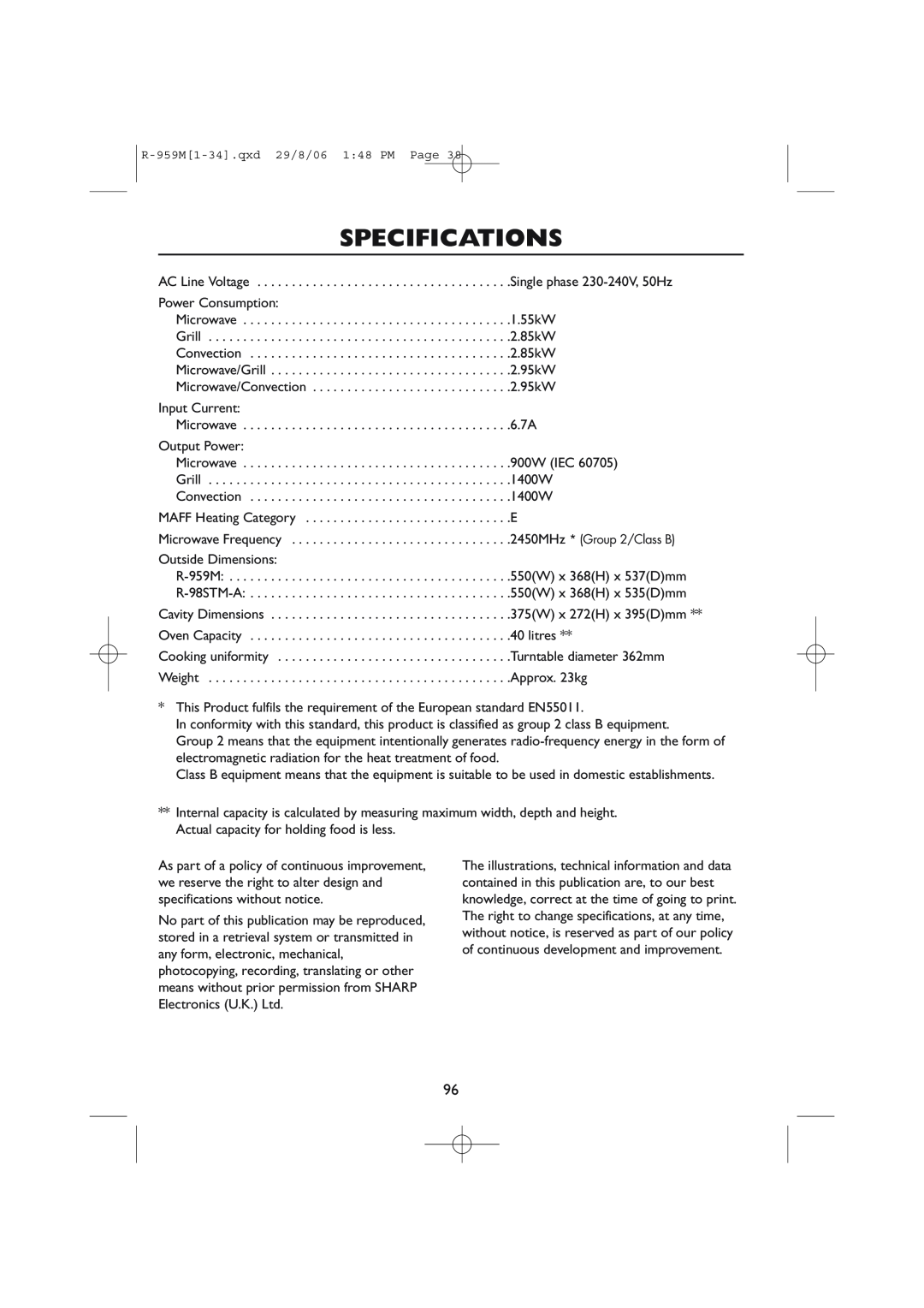 Sharp R-98STM-A, R-959M operation manual Specifications 