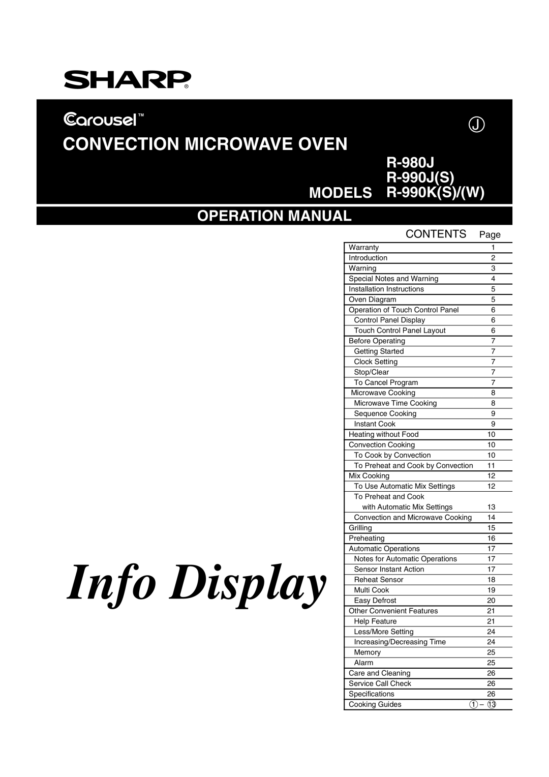 Sharp R-990J(S), R-990K(S)/(W), R-980J operation manual Page, Info Display, Convection Microwave Oven, Contents 