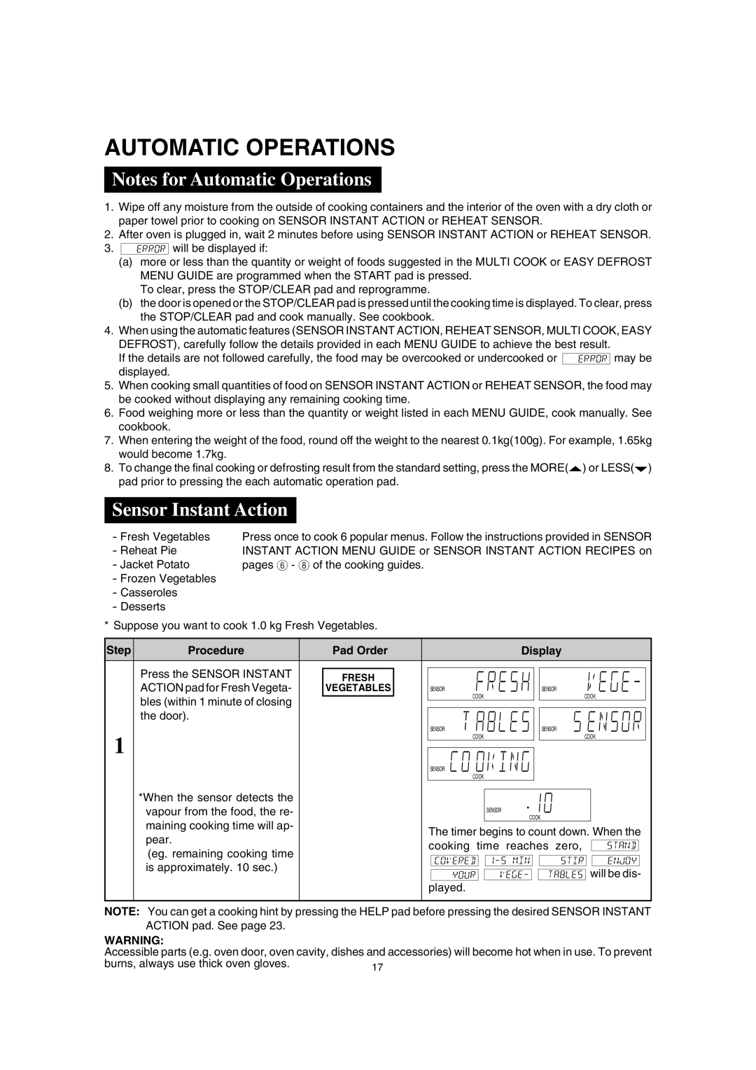 Sharp R-990J(S), R-990K(S)/(W), R-980J operation manual Notes for Automatic Operations, Sensor Instant Action 