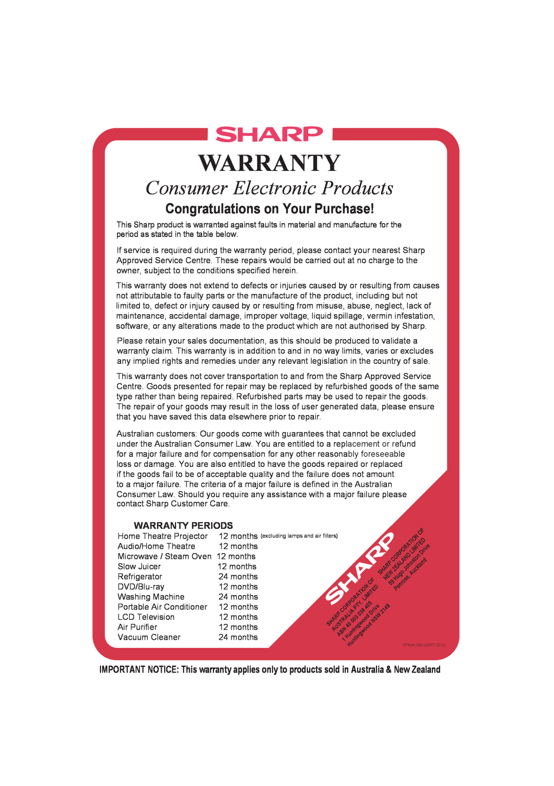 Sharp R-980J, R-990K(S)/(W), R-990J(S) Consumer Electronic Products, Congratulations on Your Purchase, Warranty Periods 