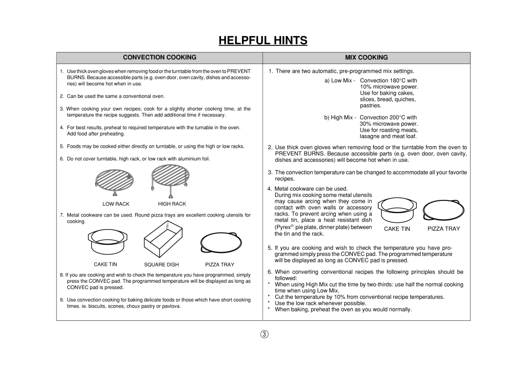 Sharp R-990K(S)/(W), R-990J(S), R-980J Convection Cooking, Mix Cooking, Helpful Hints, ries will become hot when in use 