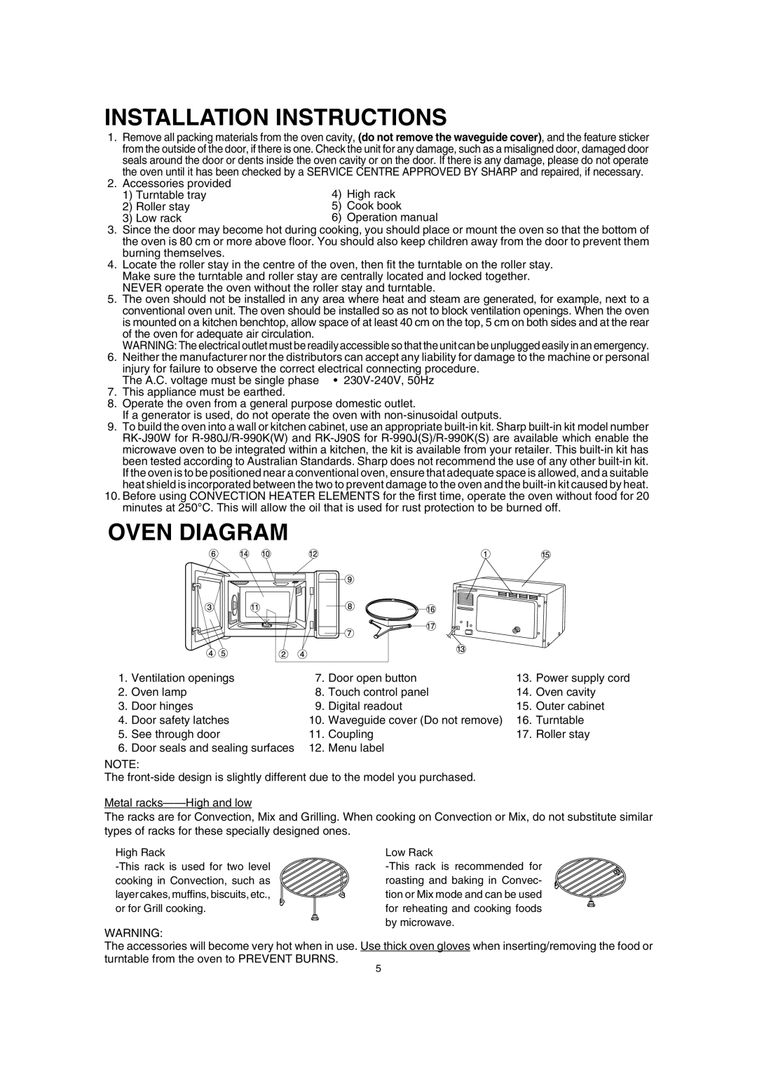 Sharp R-990J(S), R-990K(S)/(W), R-980J operation manual Installation Instructions, Oven Diagram 