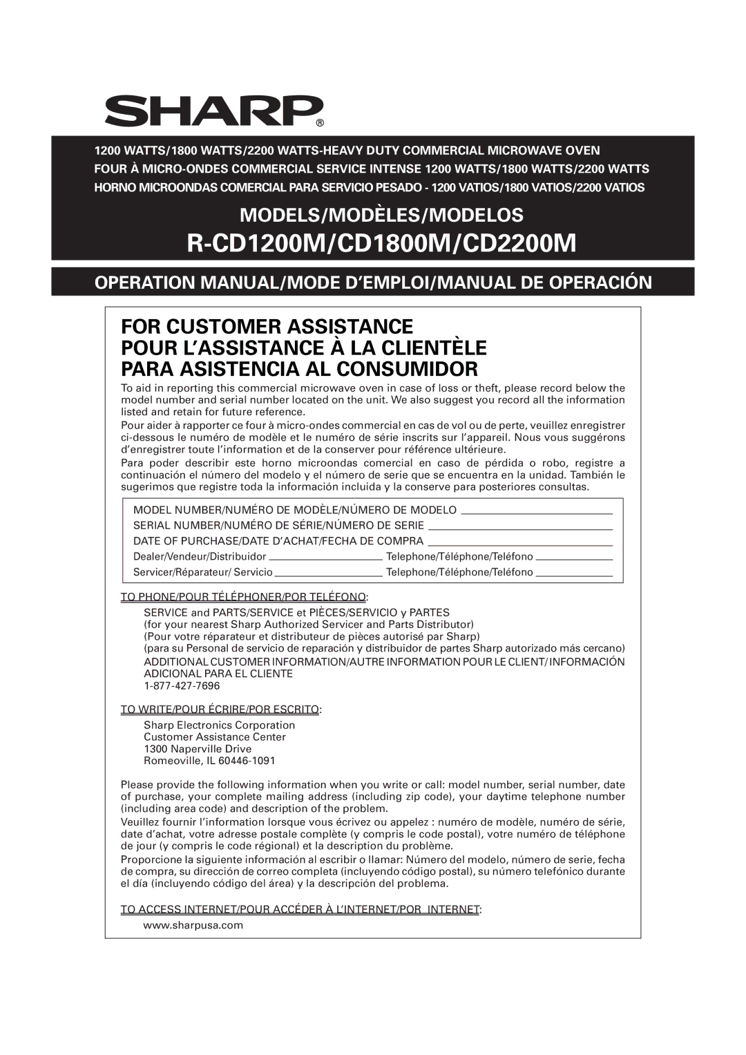 Sharp CD1800M, R-CD1200M, CD2200M operation manual EN-1, To PHONE/POUR TÉLÉPHONER/POR Teléfono 