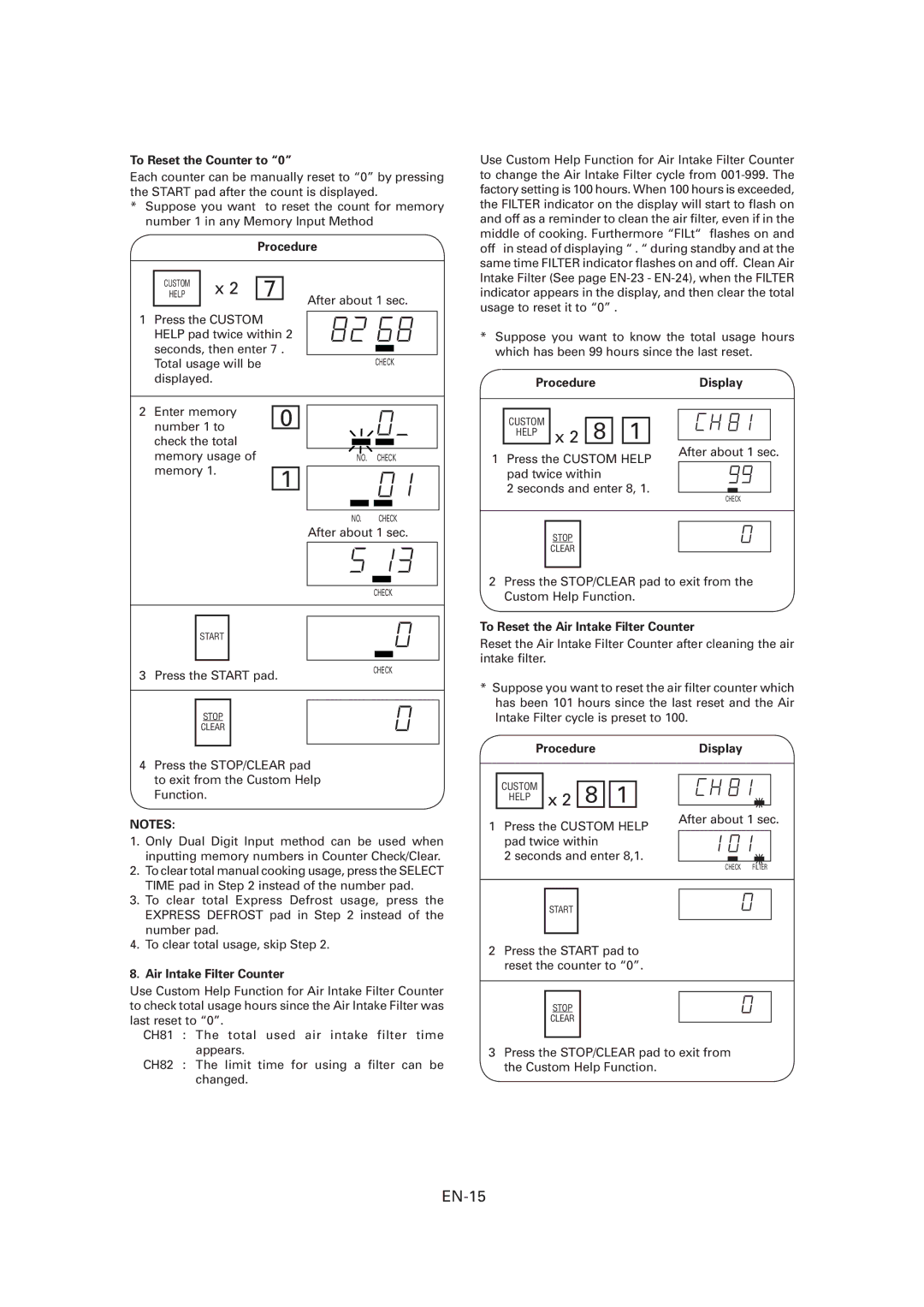 Sharp CD1800M, R-CD1200M, CD2200M operation manual EN-15, To Reset the Counter to, To Reset the Air Intake Filter Counter 