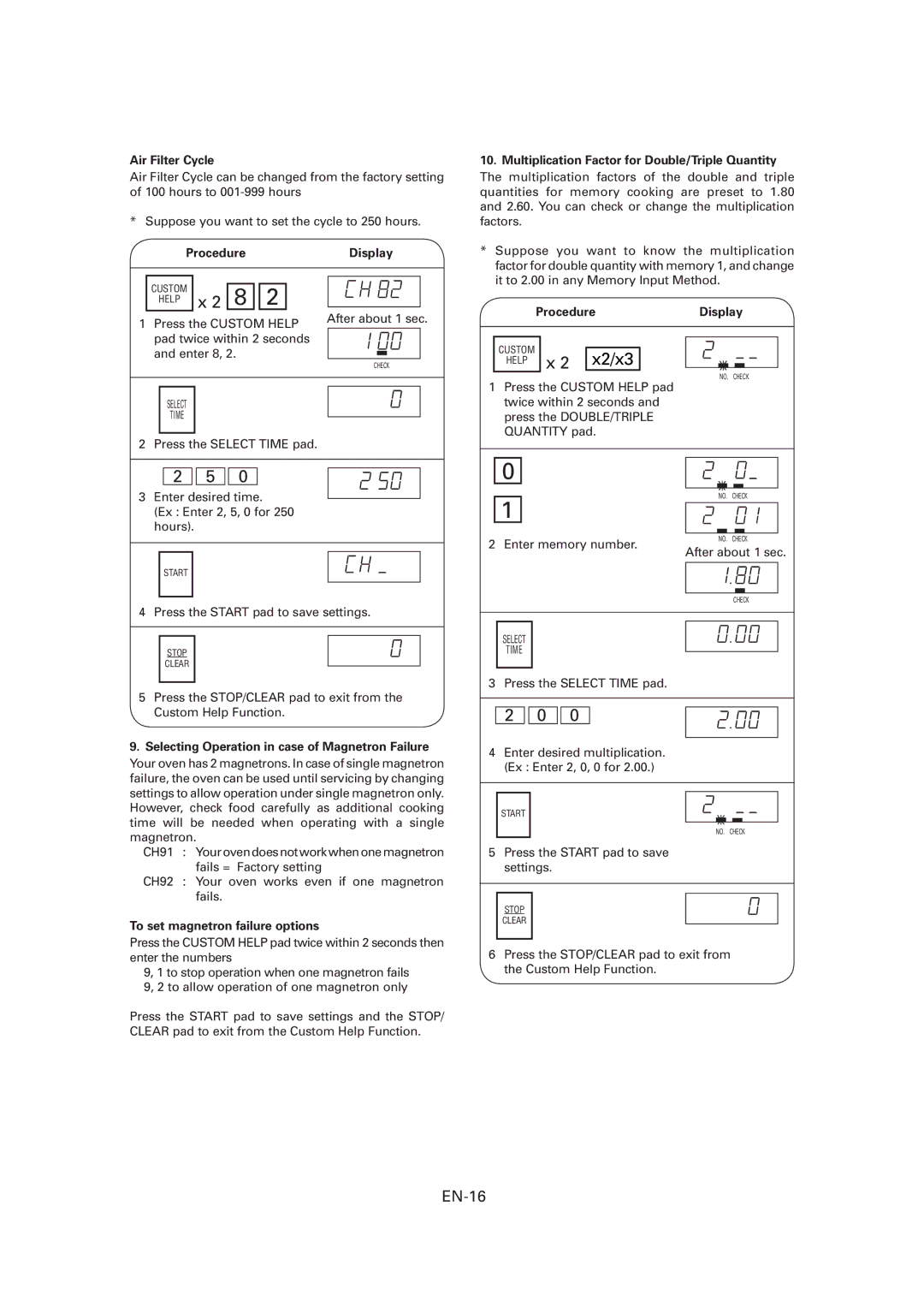 Sharp CD2200M EN-16, Air Filter Cycle, Selecting Operation in case of Magnetron Failure, To set magnetron failure options 