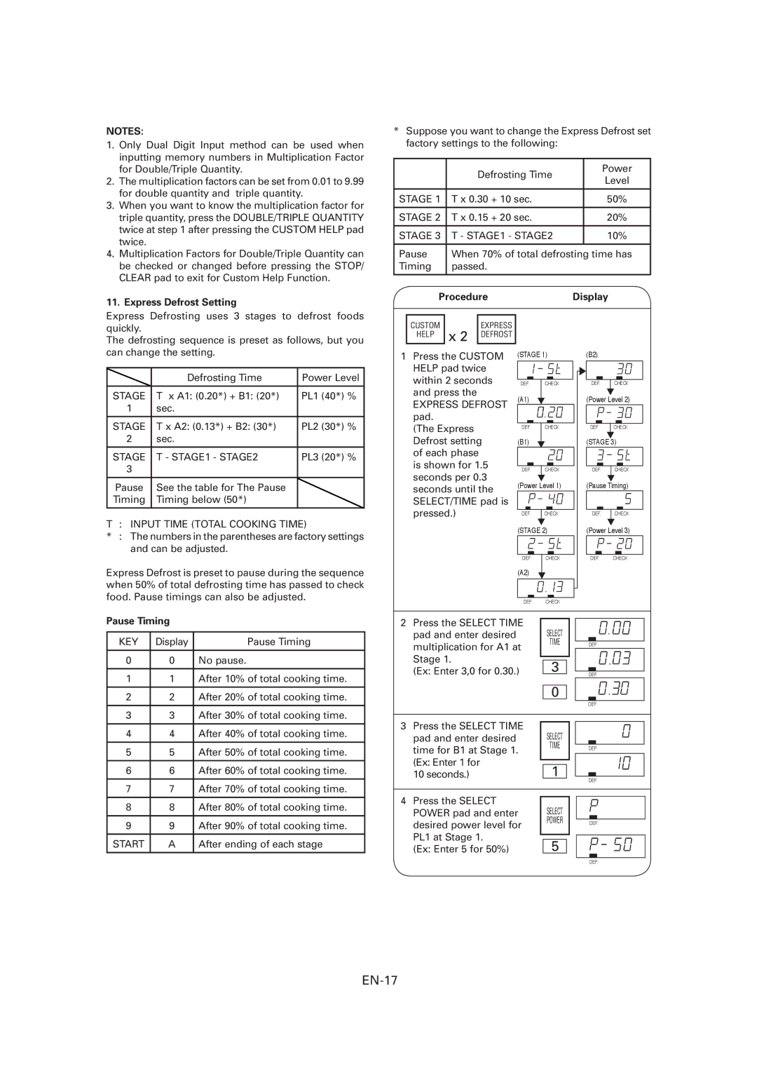 Sharp R-CD1200M, CD1800M, CD2200M operation manual EN-17, Express Defrost Setting, Pause Timing 