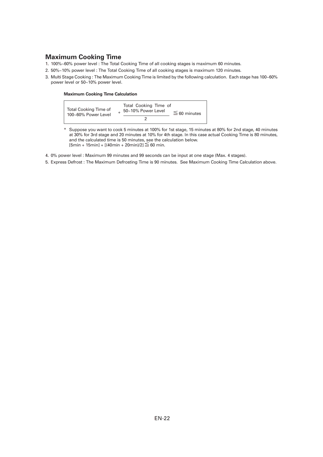 Sharp CD2200M, R-CD1200M, CD1800M operation manual EN-22, Maximum Cooking Time Calculation 