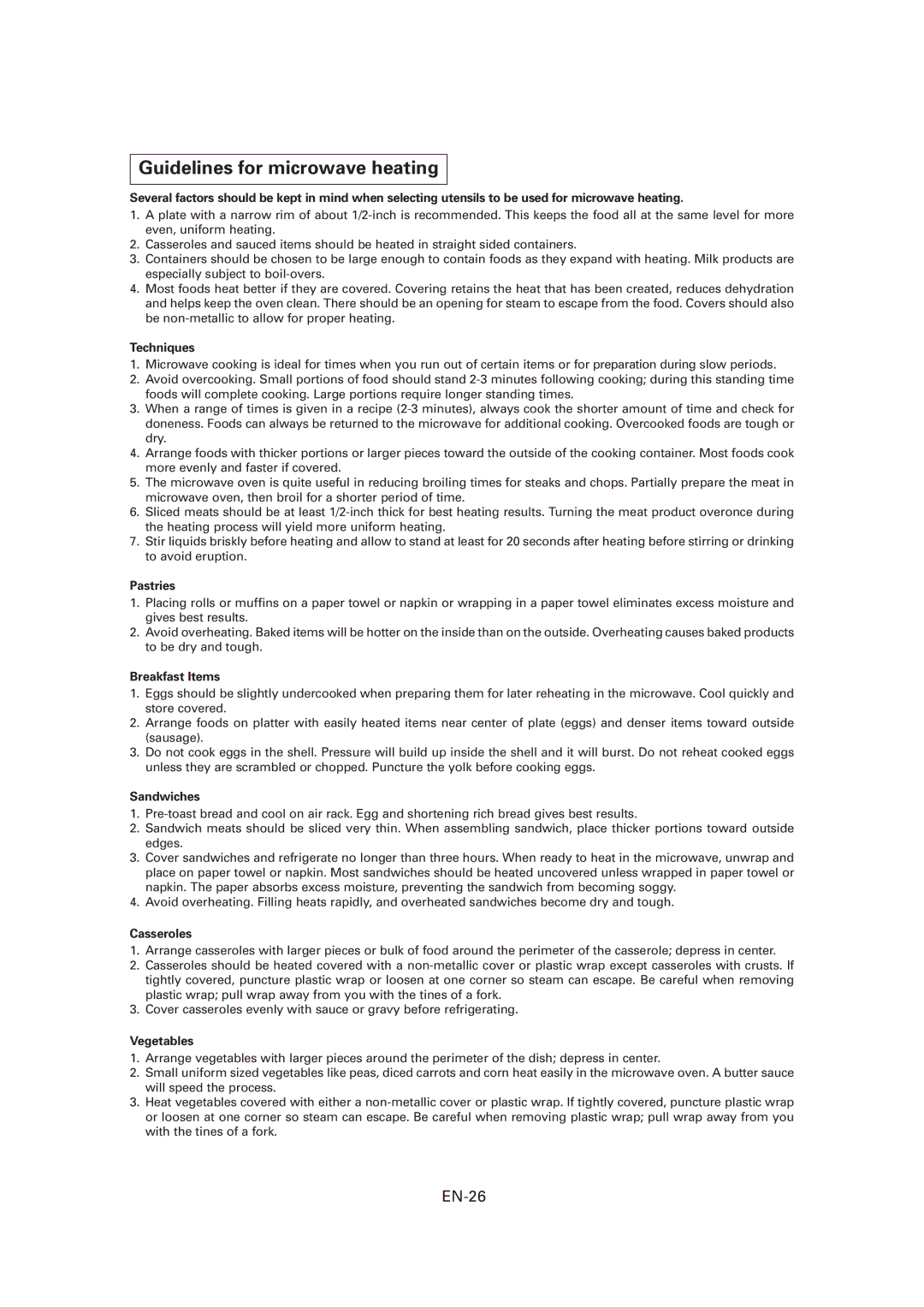 Sharp R-CD1200M, CD1800M, CD2200M operation manual Guidelines for microwave heating, EN-26 