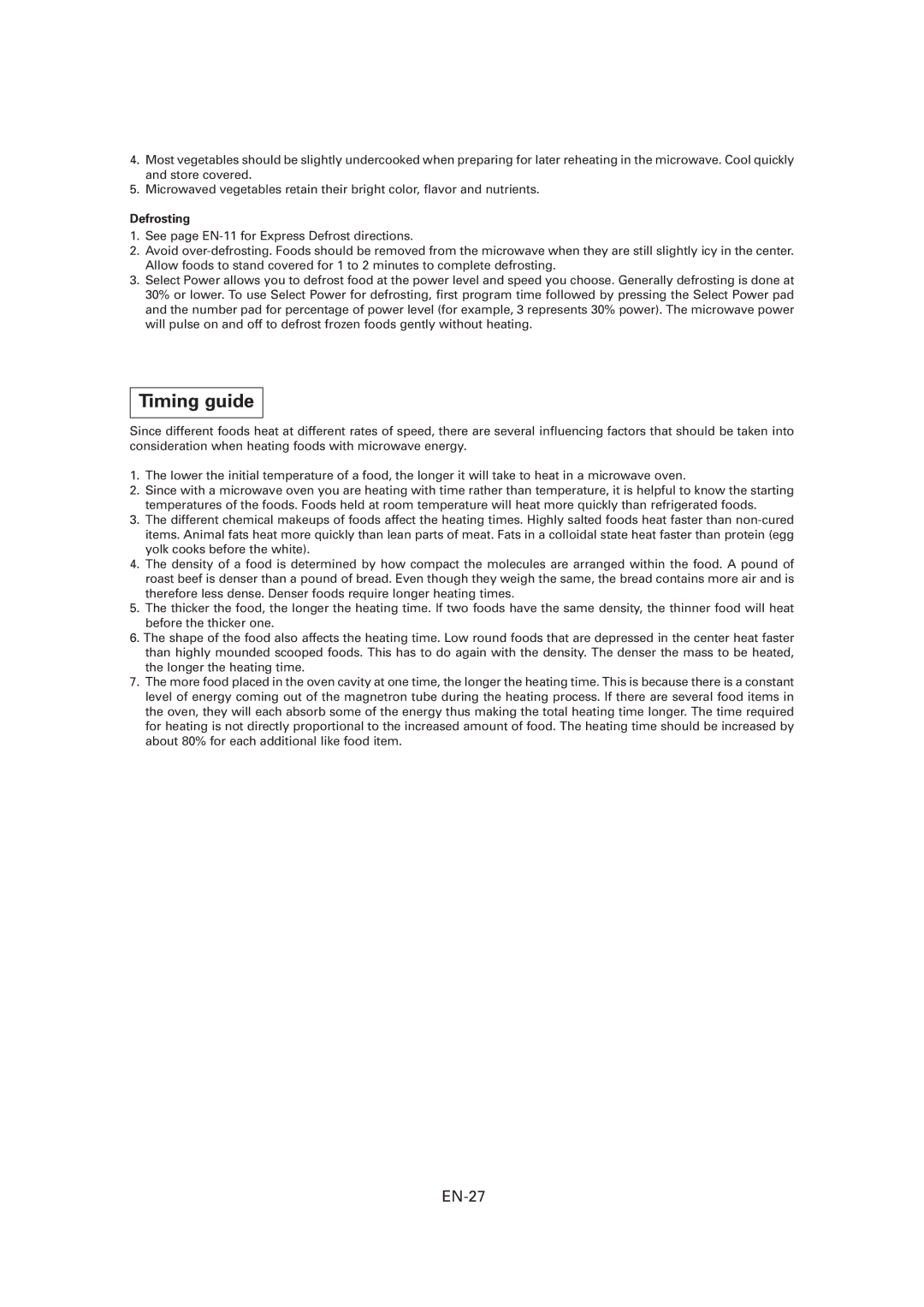 Sharp CD1800M, R-CD1200M, CD2200M operation manual Timing guide, EN-27, Defrosting 