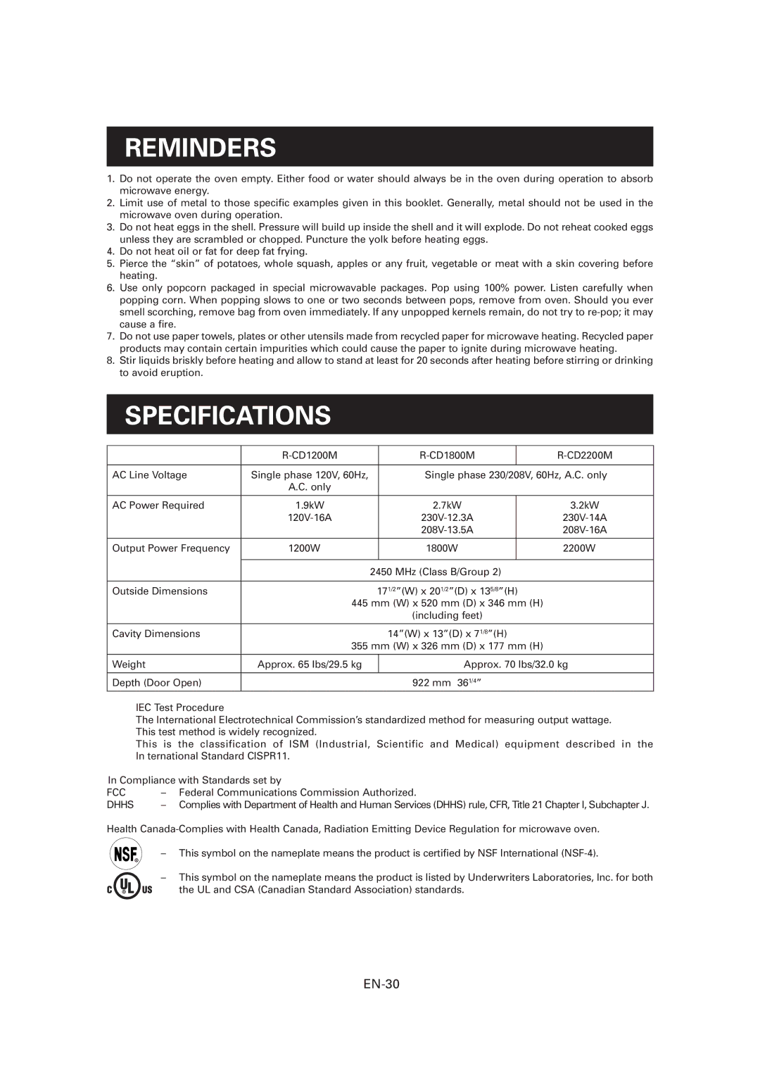 Sharp CD1800M, R-CD1200M, CD2200M operation manual Reminders, Specifications, EN-30, Fcc, Dhhs 