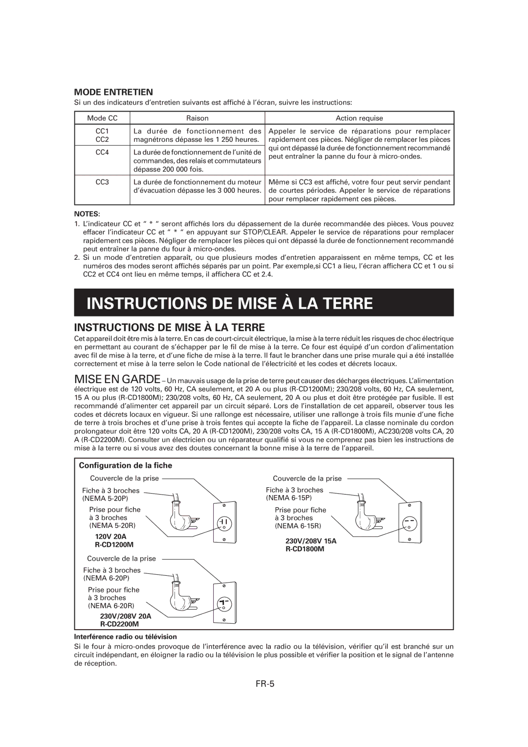 Sharp R-CD1200M, CD2200M operation manual Instructions DE Mise À LA Terre, FR-5, 230V/208V 15A R-CD1800M 