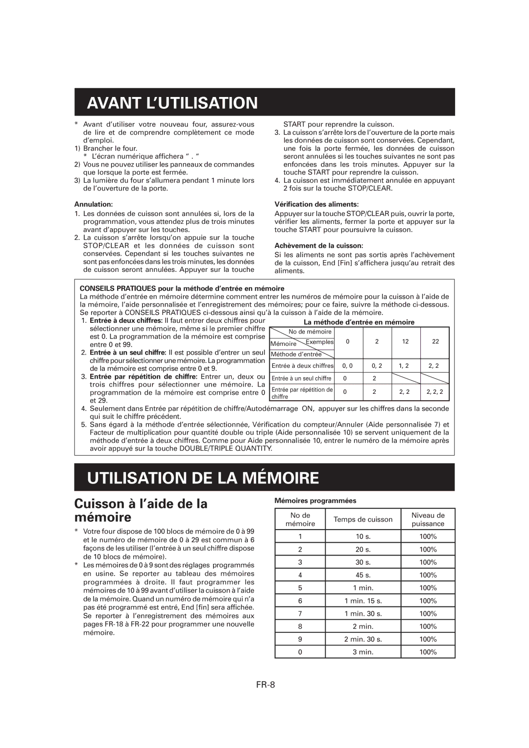 Sharp R-CD1200M, CD1800M, CD2200M Avant L’UTILISATION, Utilisation DE LA Mémoire, Cuisson à l’aide de la mémoire, FR-8 