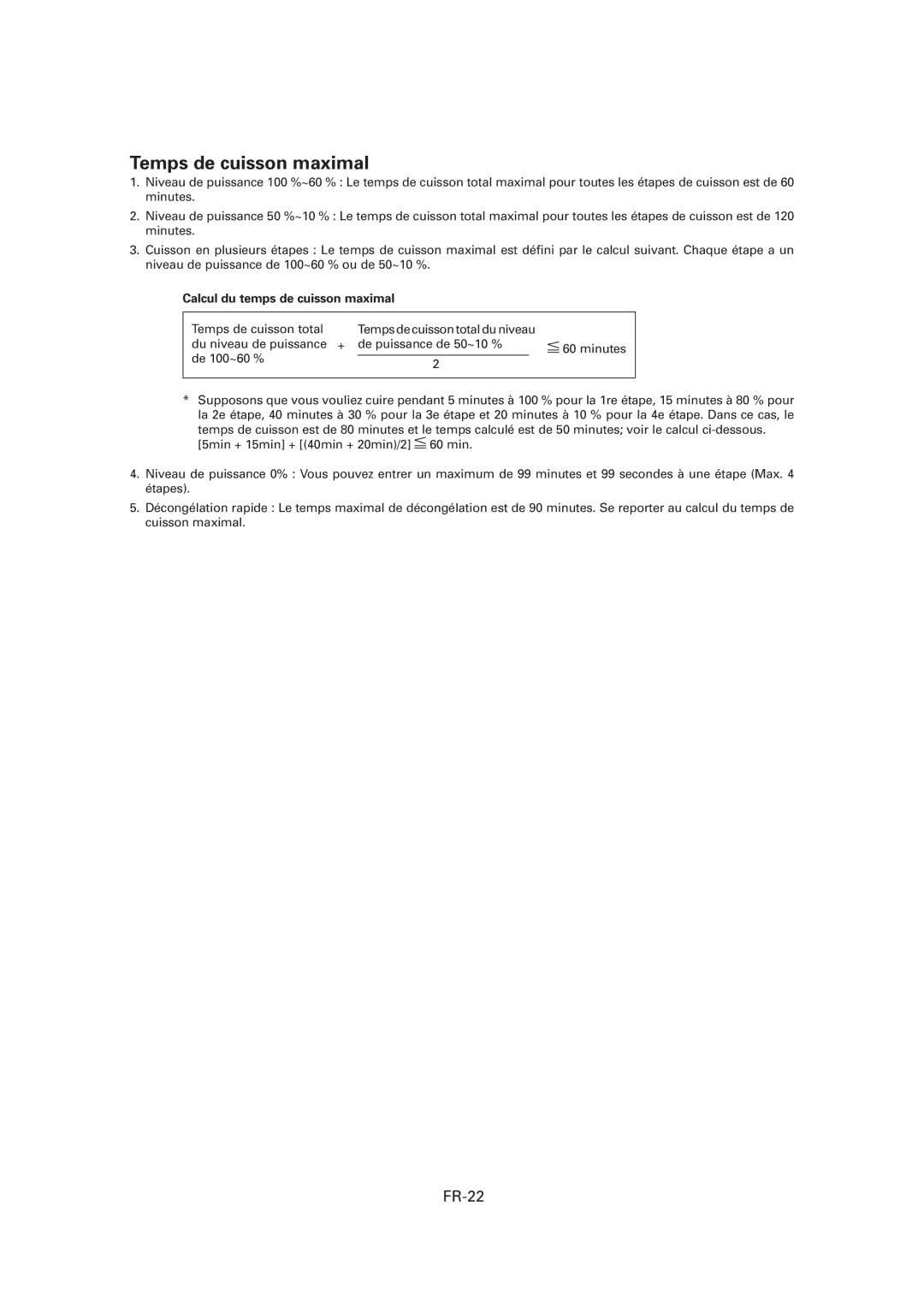 Sharp CD2200M, R-CD1200M, CD1800M operation manual Temps de cuisson maximal, FR-22, Calcul du temps de cuisson maximal 