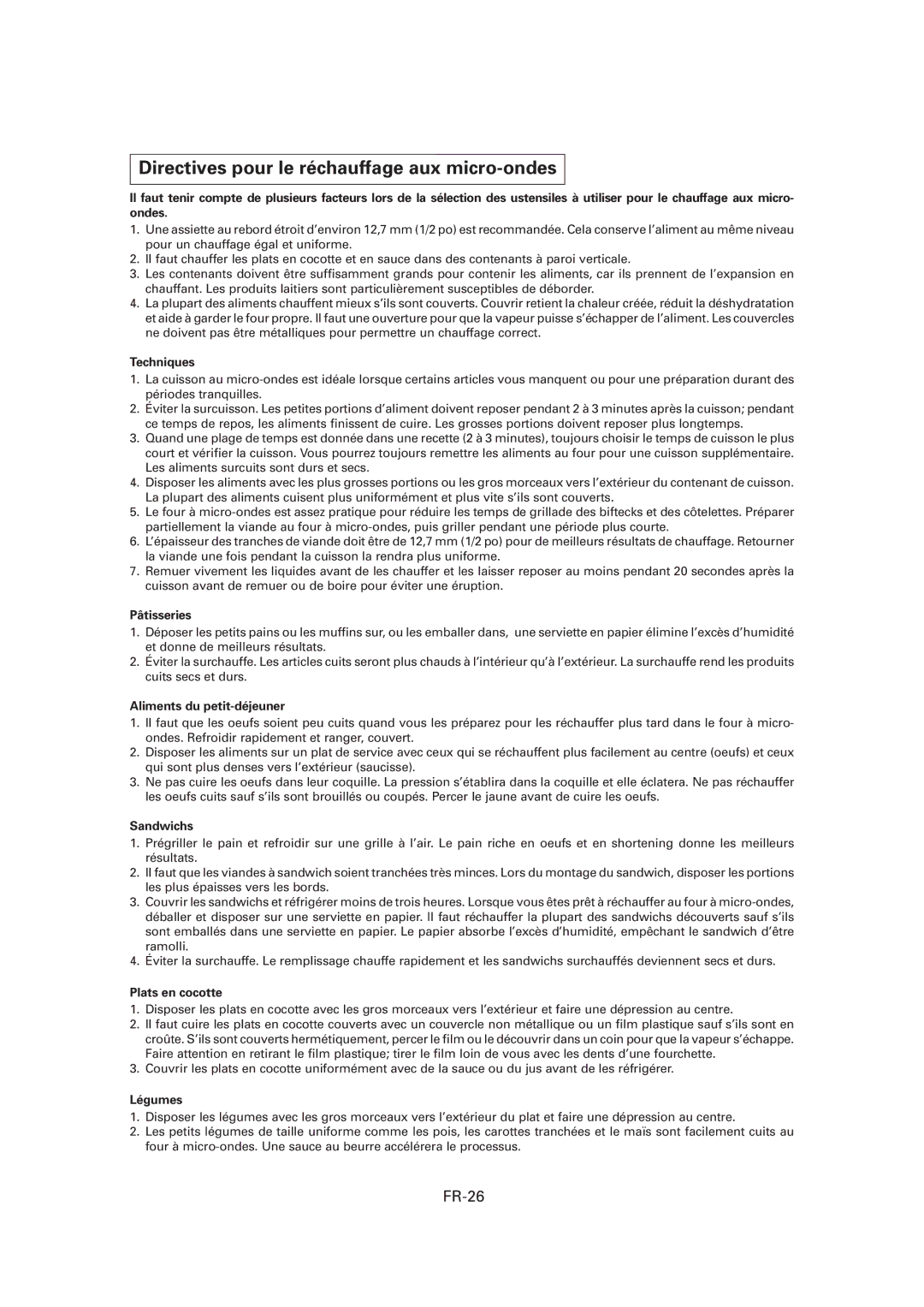 Sharp R-CD1200M, CD1800M, CD2200M operation manual Directives pour le réchauffage aux micro-ondes, FR-26 