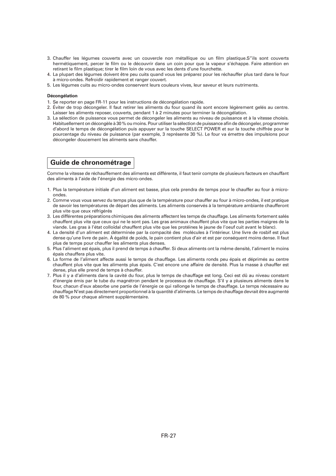 Sharp CD1800M, R-CD1200M, CD2200M operation manual Guide de chronométrage, FR-27, Décongélation 