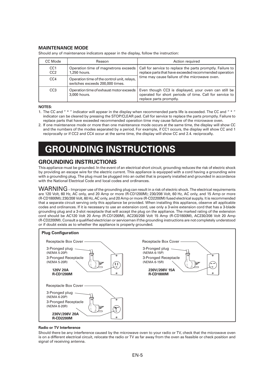 Sharp CD1800M operation manual Grounding Instructions, EN-5, 120V 20A R-CD1200M, 230V/208V 20A R-CD2200M 