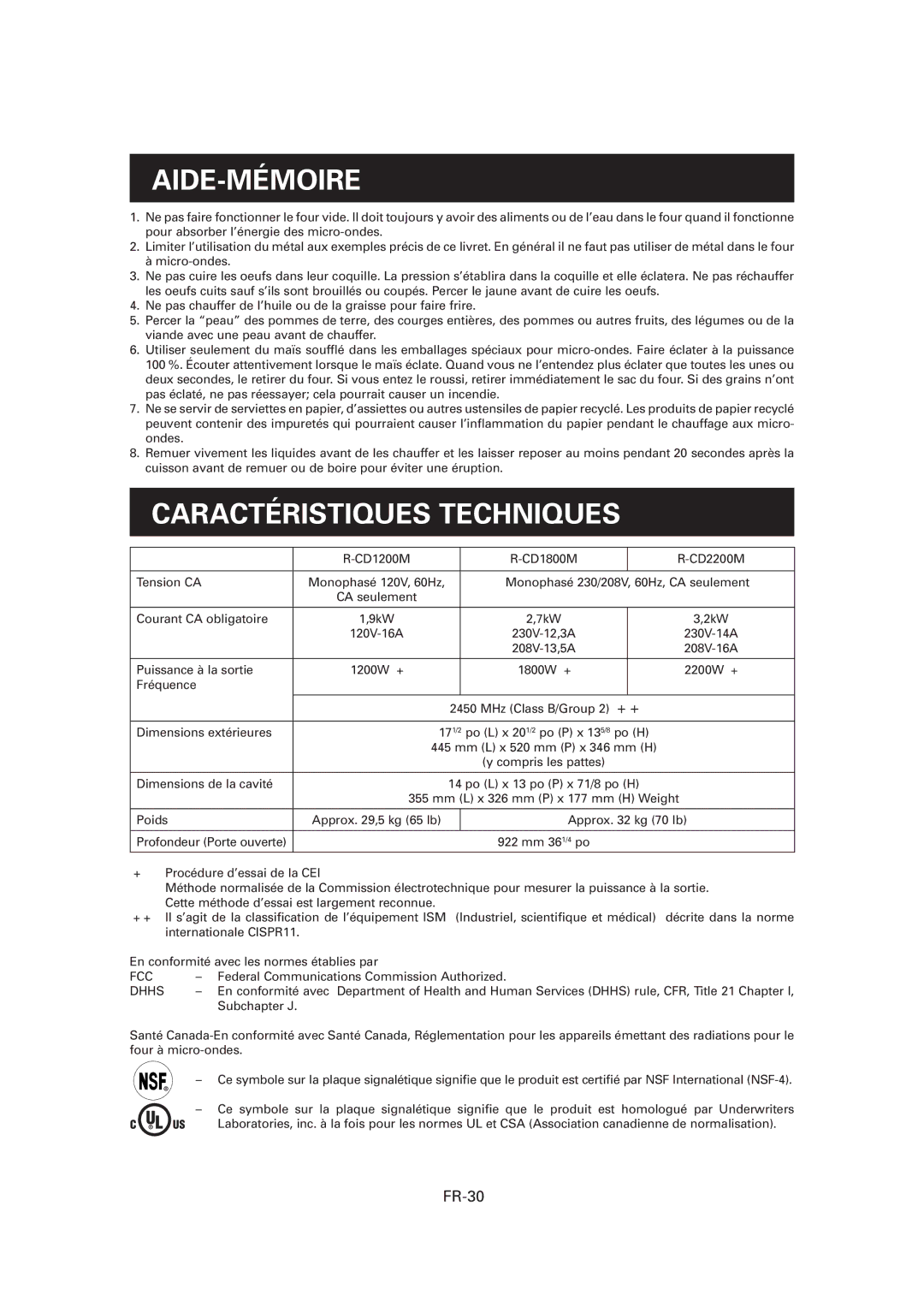 Sharp CD1800M, R-CD1200M, CD2200M operation manual Aide-Mémoire, Caractéristiques Techniques, FR-30 