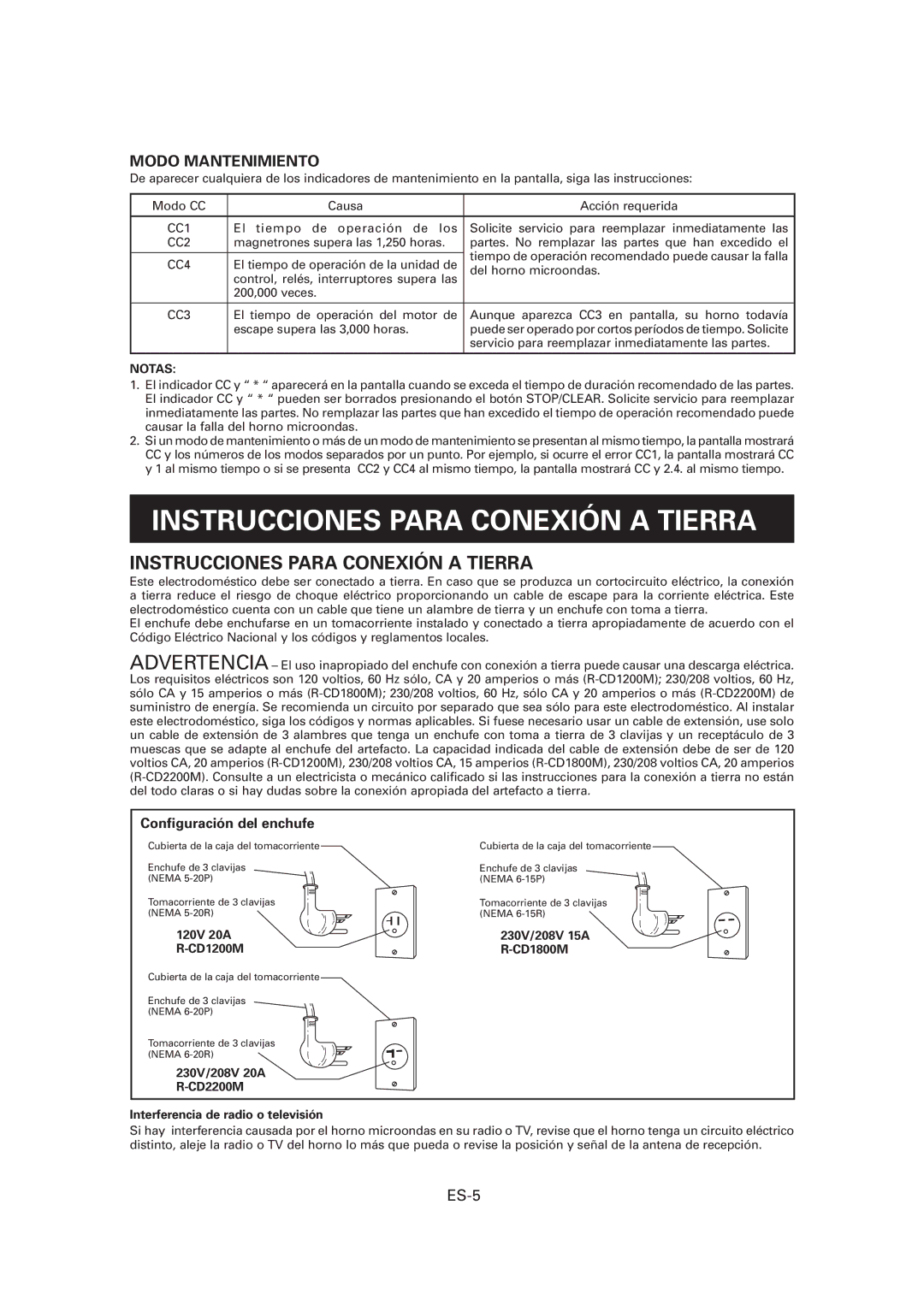 Sharp R-CD1200M, CD2200M operation manual Instrucciones Para Conexión a Tierra, ES-5, 120V 20A 230V/208V 15A CD1200M CD1800M 