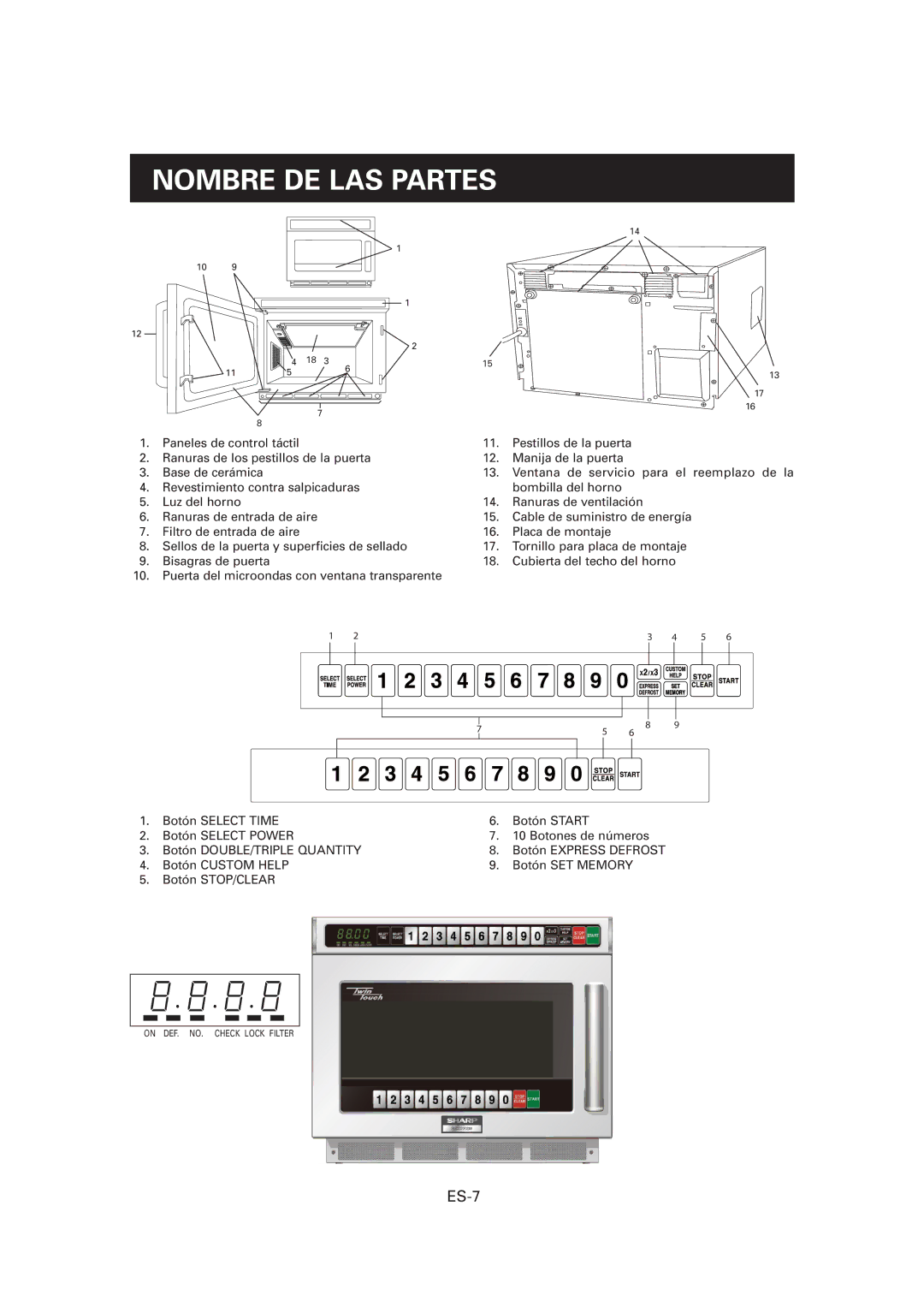 Sharp CD2200M, R-CD1200M, CD1800M operation manual Nombre DE LAS Partes, ES-7 