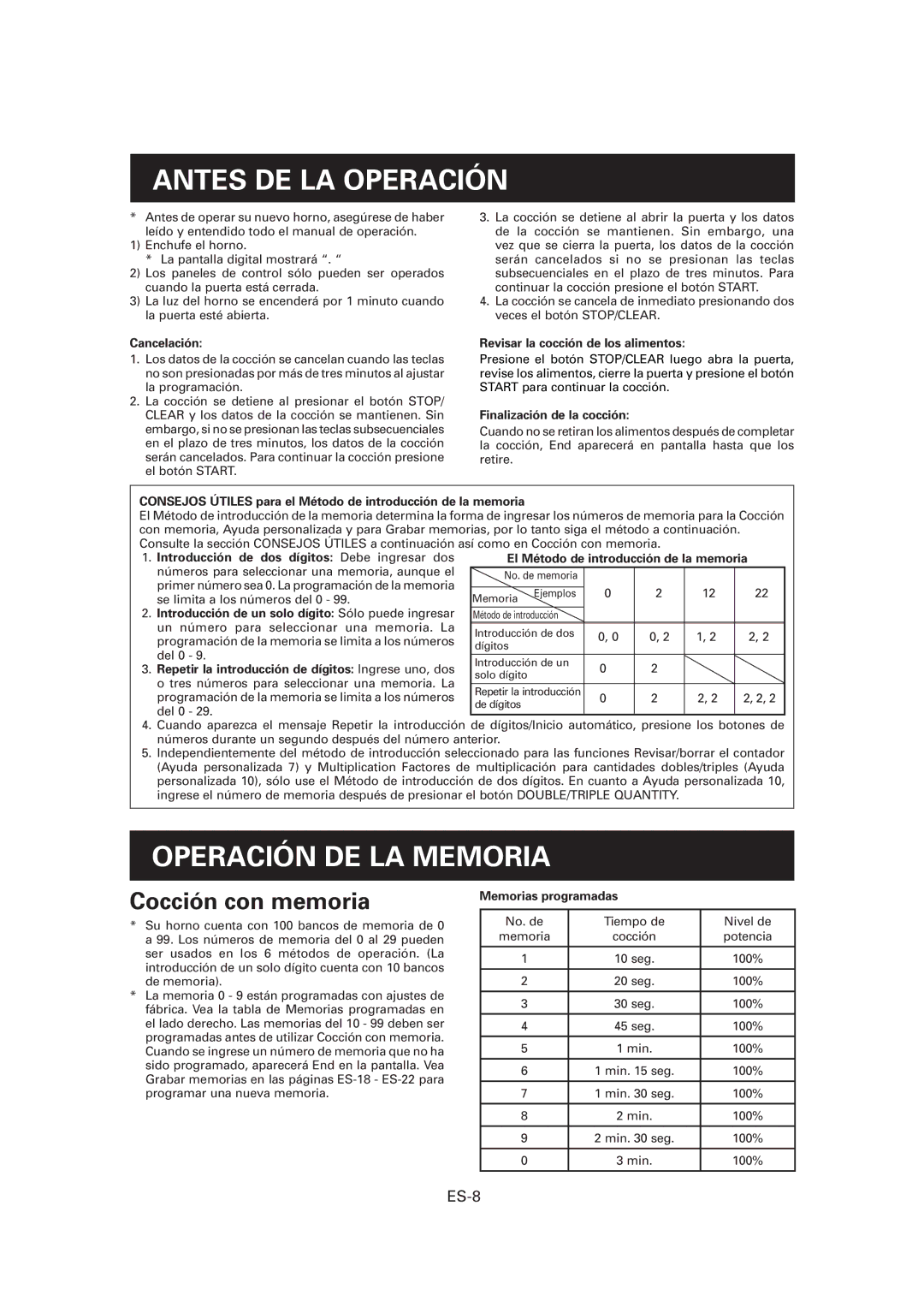 Sharp R-CD1200M, CD1800M, CD2200M operation manual Antes DE LA Operación, Operación DE LA Memoria, Cocción con memoria, ES-8 