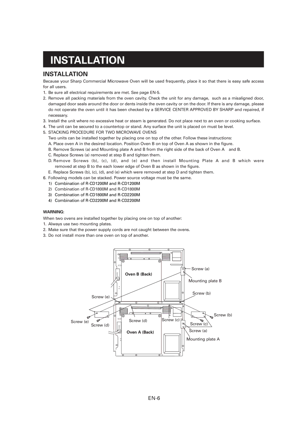 Sharp CD1800M, R-CD1200M, CD2200M Installation, EN-6, Stacking Procedure for TWO Microwave Ovens, Oven B Back, Oven a Back 