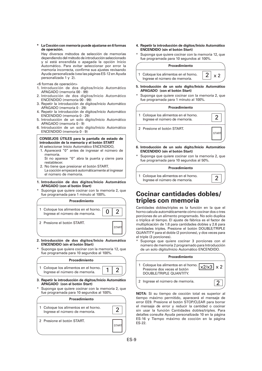 Sharp CD1800M, R-CD1200M, CD2200M operation manual Cocinar cantidades dobles/ triples con memoria, ES-9, Procedimiento 